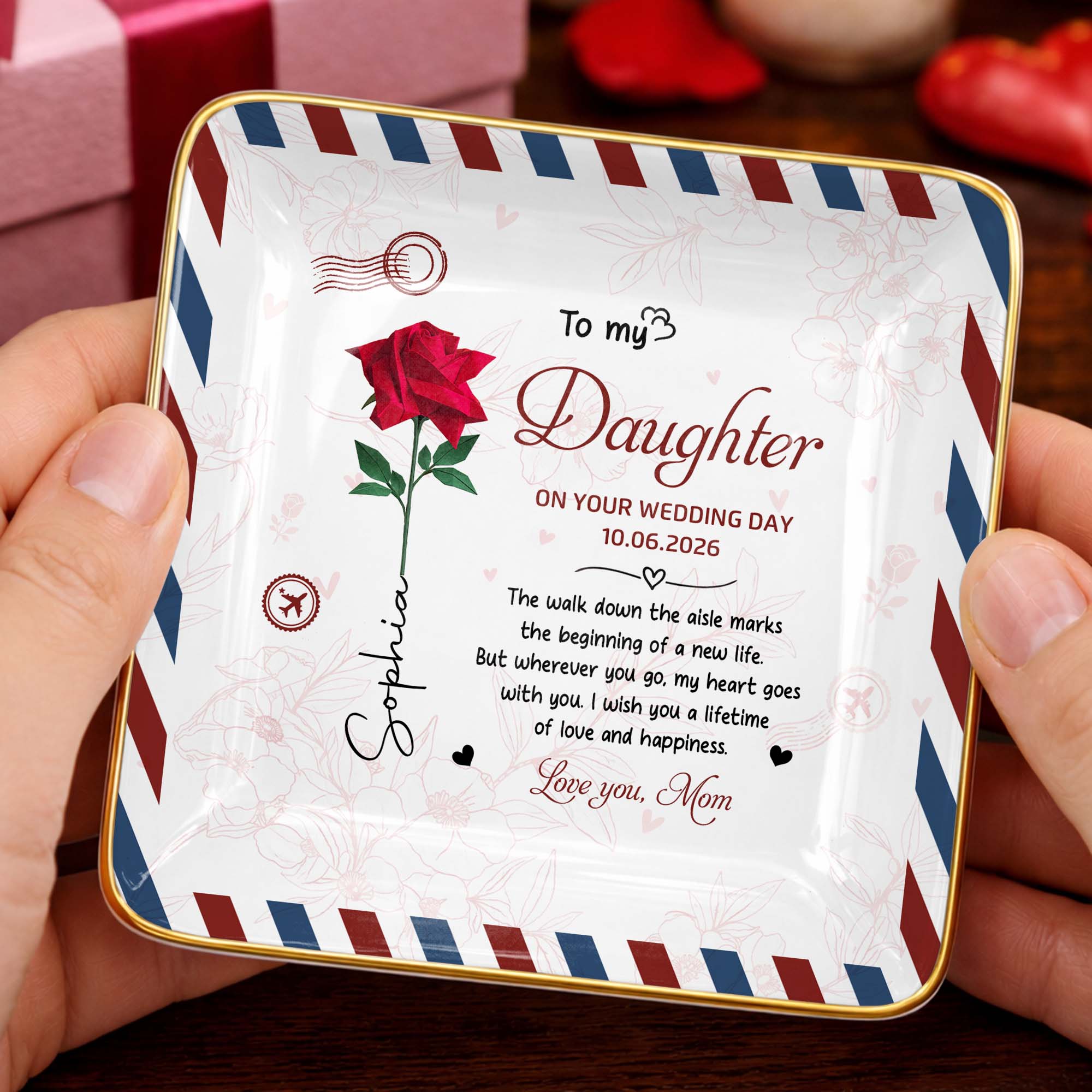 To My Daughter On Your Wedding Day Rose Envelope Design - Personalized Custom Jewelry Dish, Ceramic Dish, Square Shape - DAU634_SCRF