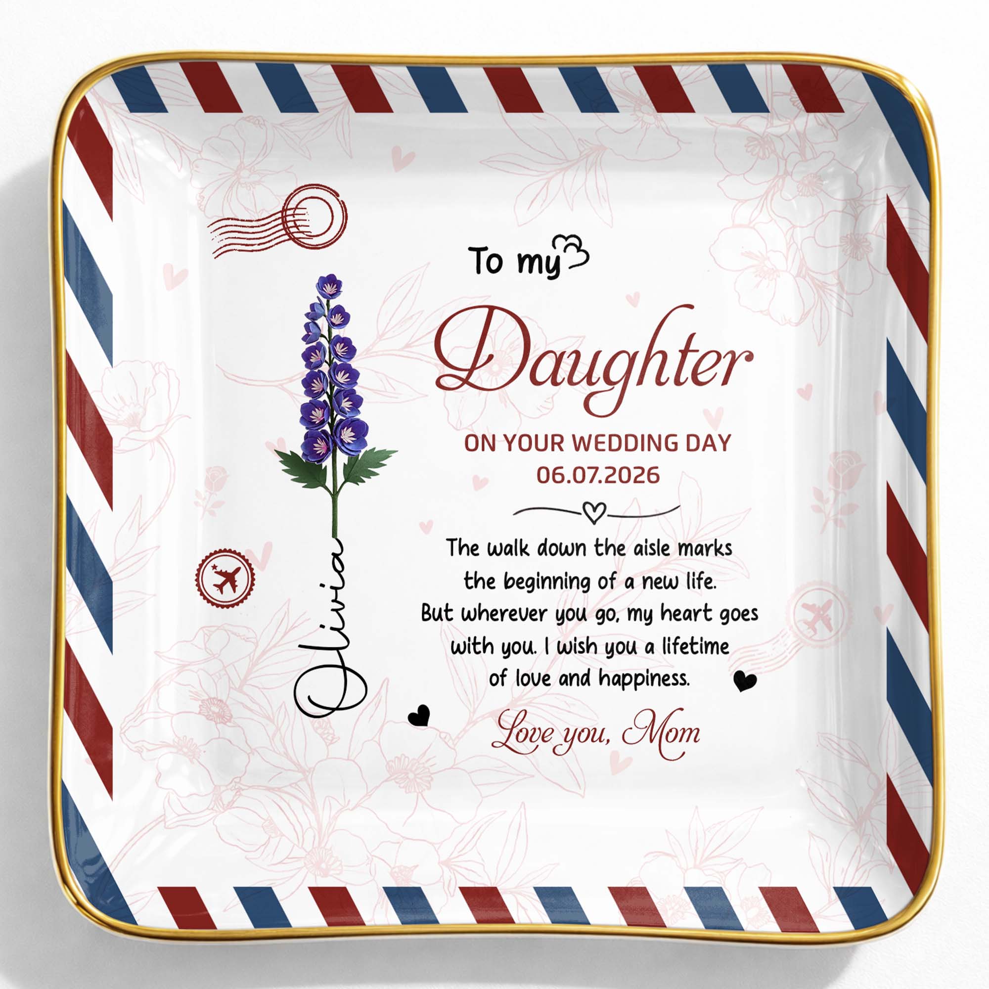 To My Daughter On Your Wedding Day Rose Envelope Design - Personalized Custom Jewelry Dish, Ceramic Dish, Square Shape - DAU634_SCRF