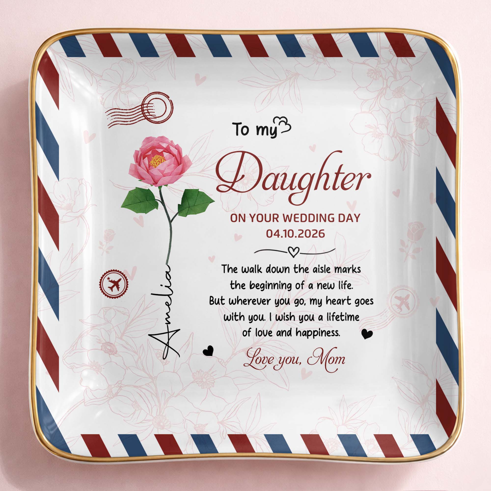 To My Daughter On Your Wedding Day Rose Envelope Design - Personalized Custom Jewelry Dish, Ceramic Dish, Square Shape - DAU634_SCRF
