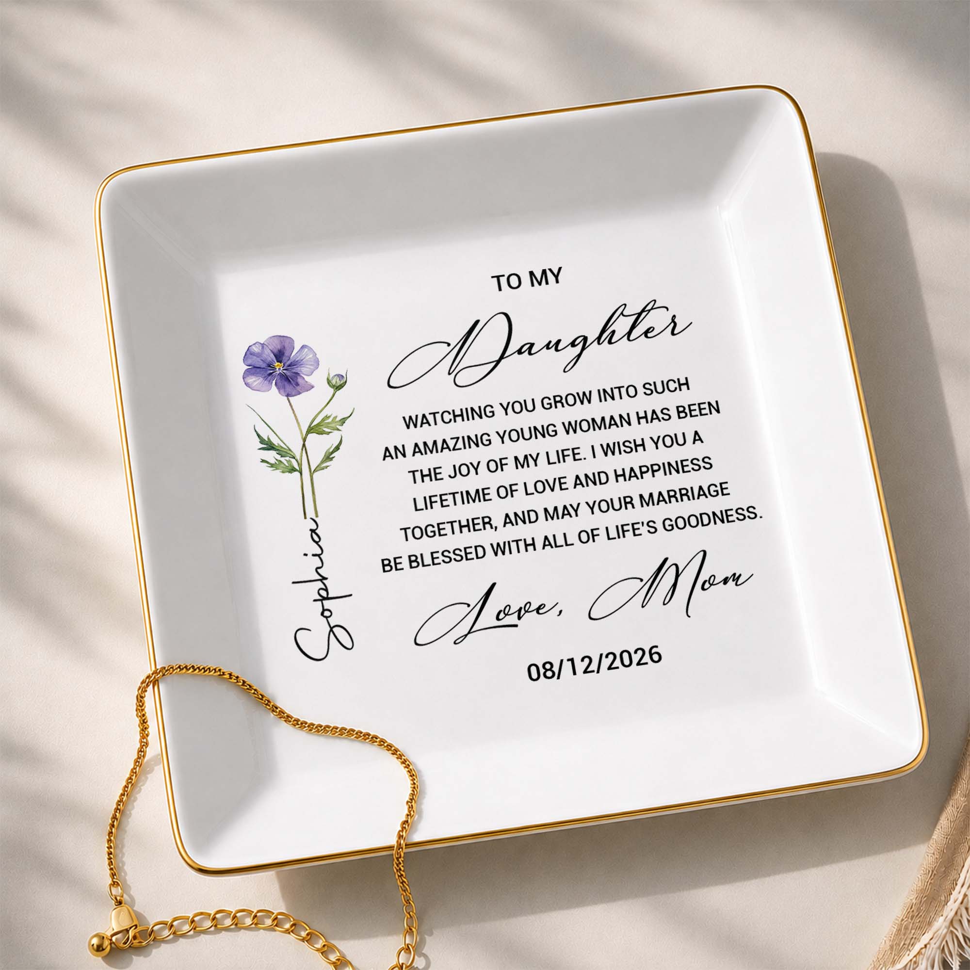 To My Daughter Watching You Grow Birth Month Flower Jewelry Dish - Personalized Custom Jewelry Dish, Square Ceramic Dish - DAU657_SCRD