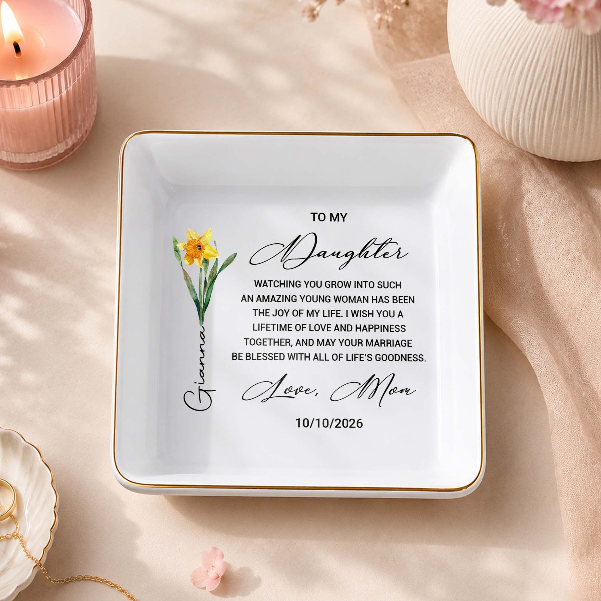 To My Daughter Watching You Grow Birth Month Flower Jewelry Dish - Personalized Custom Jewelry Dish, Square Ceramic Dish - DAU657_SCRD
