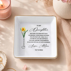 To My Daughter Watching You Grow Birth Month Flower Jewelry Dish - Personalized Custom Jewelry Dish, Square Ceramic Dish - DAU657_SCRD