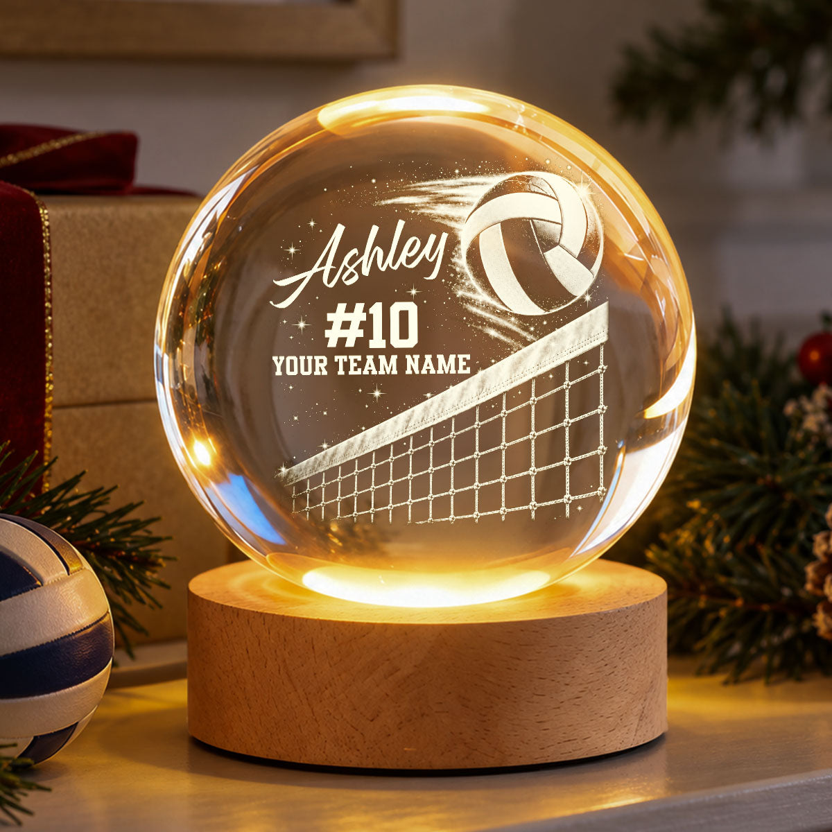 Proud Volleyball Player Custom Name Number Team Name - Personalized Crystal Ball LED Night Light