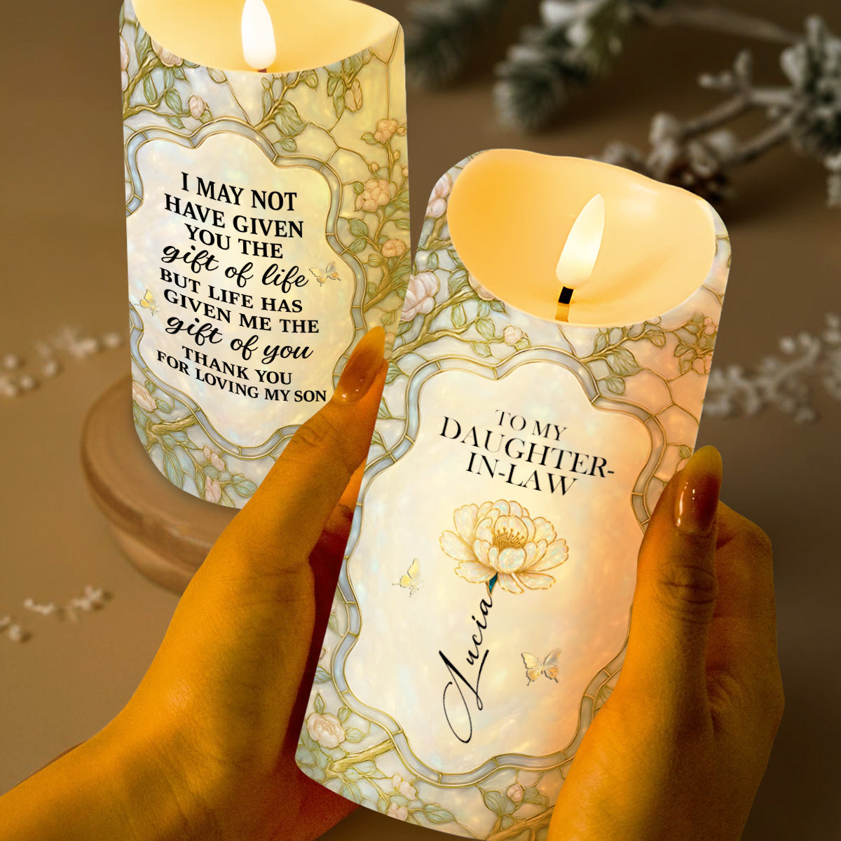 To My Daughter-In-Law, Gift of Life, Flowers and Butterfly Design - Personalized Custom LED Candle - DILA001_LECA