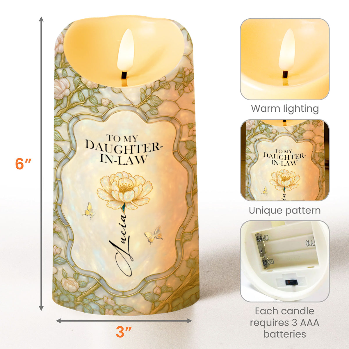 To My Daughter-In-Law, Gift of Life, Flowers and Butterfly Design - Personalized Custom LED Candle - DILA001_LECA