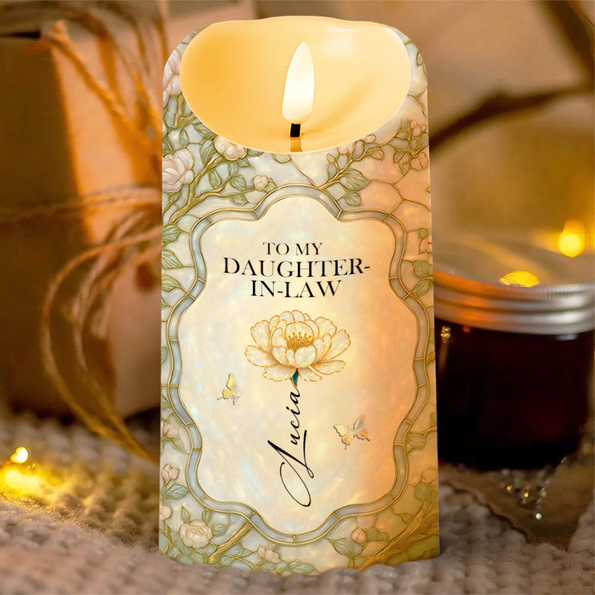 To My Daughter-In-Law, Gift of Life, Flowers and Butterfly Design - Personalized Custom LED Candle - DILA001_LECA