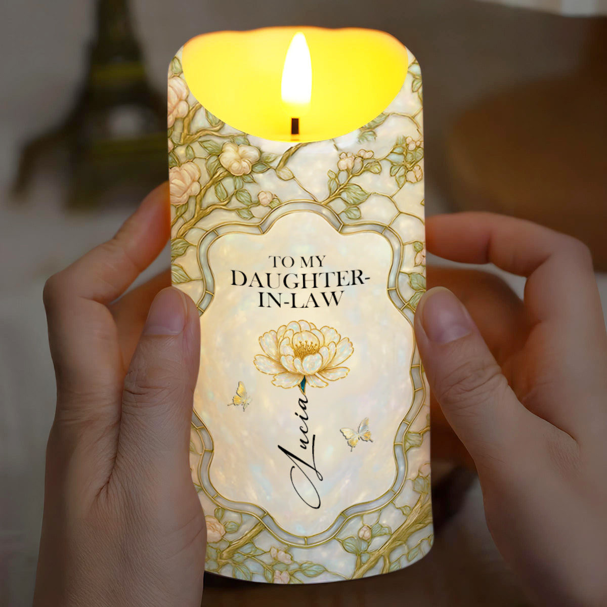 To My Daughter-In-Law, Gift of Life, Flowers and Butterfly Design - Personalized Custom LED Candle - DILA001_LECA