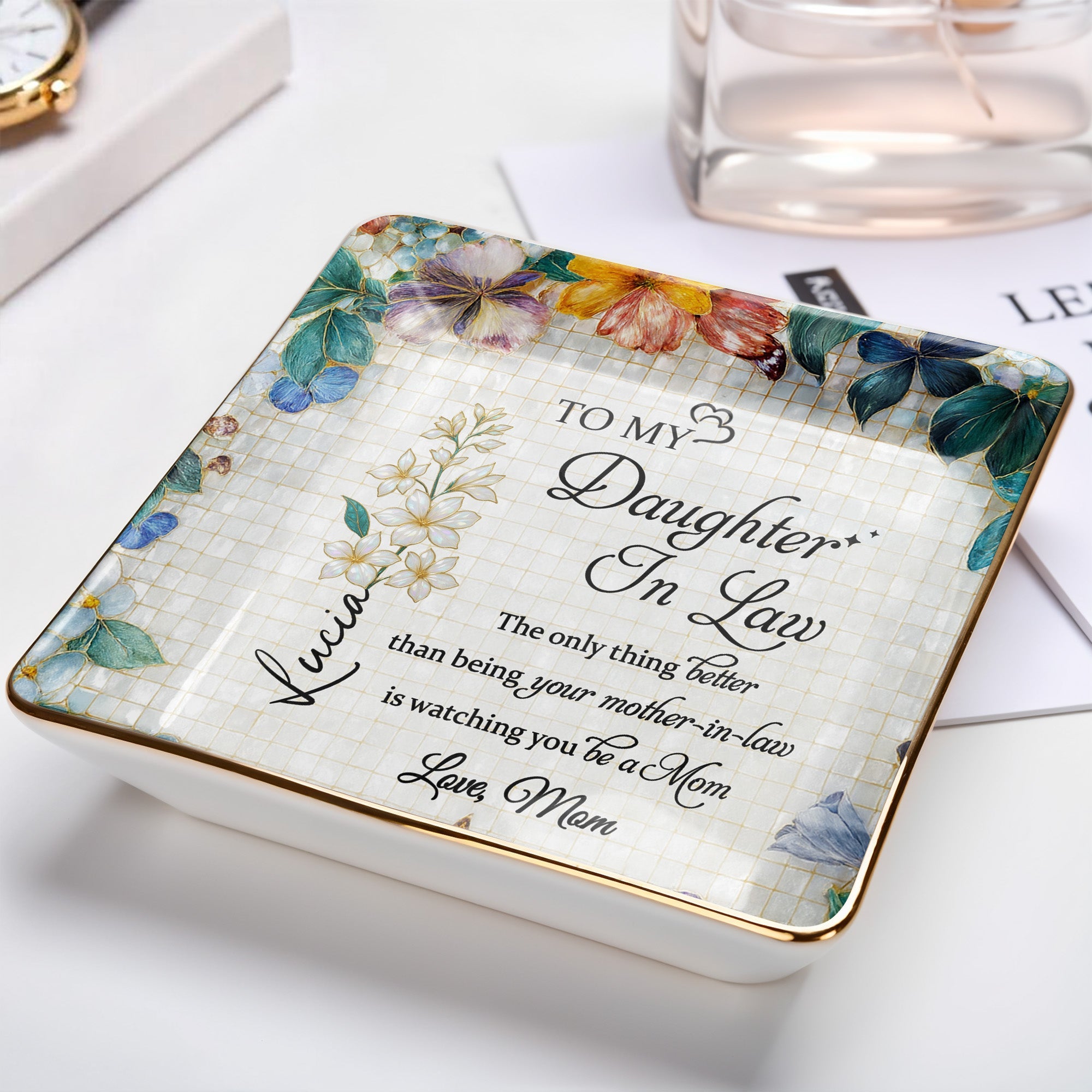 Watching You Be A Mom - Personalized Custom Jewelry Dish, Ceramic Dish, Square Shape - DILA001_SCRF