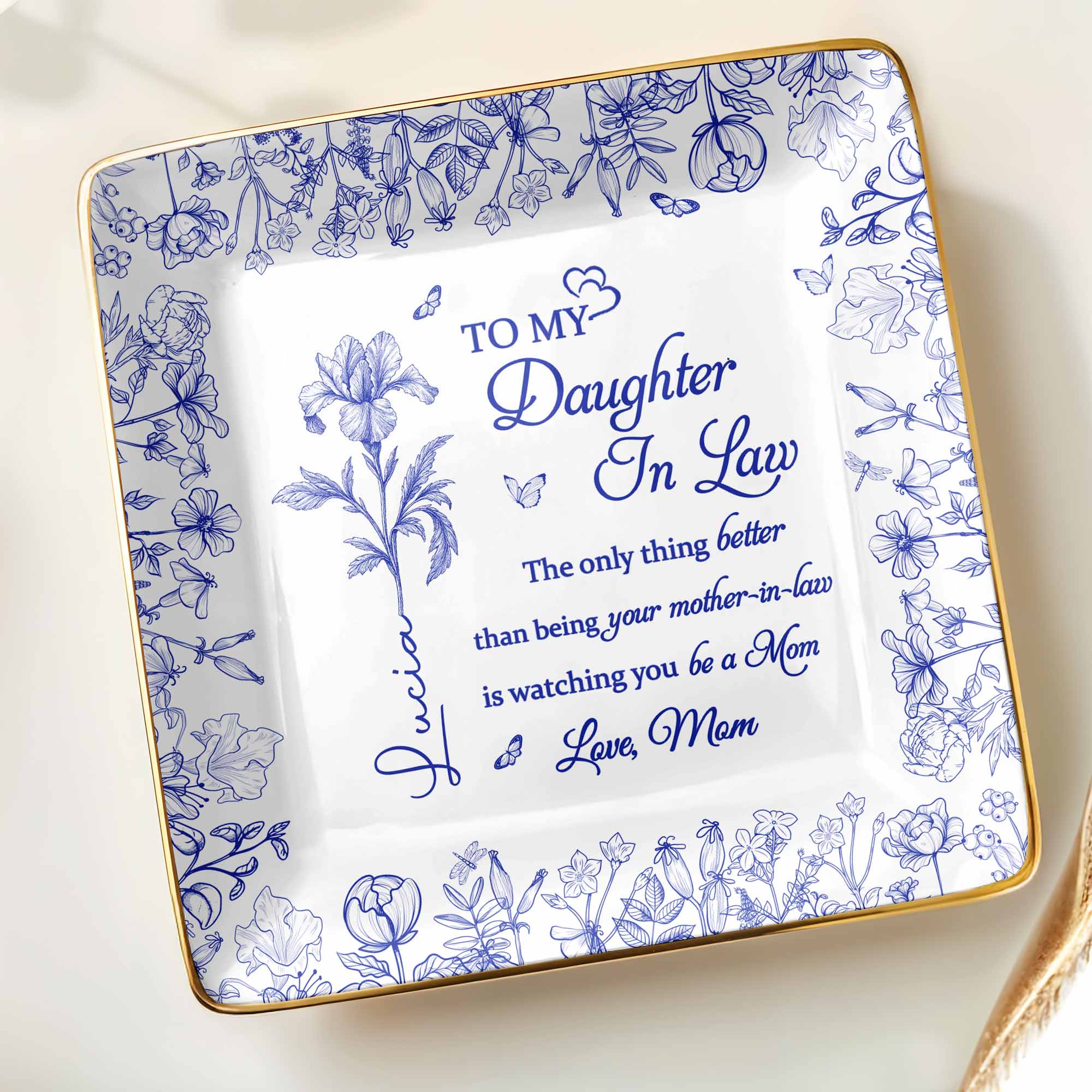 To My Daughter-In-Law, Love From Mom, Beautiful Flowers Design - Personalized Custom Jewelry Dish, Ceramic Dish, Square Shape - DILA003_SCRF