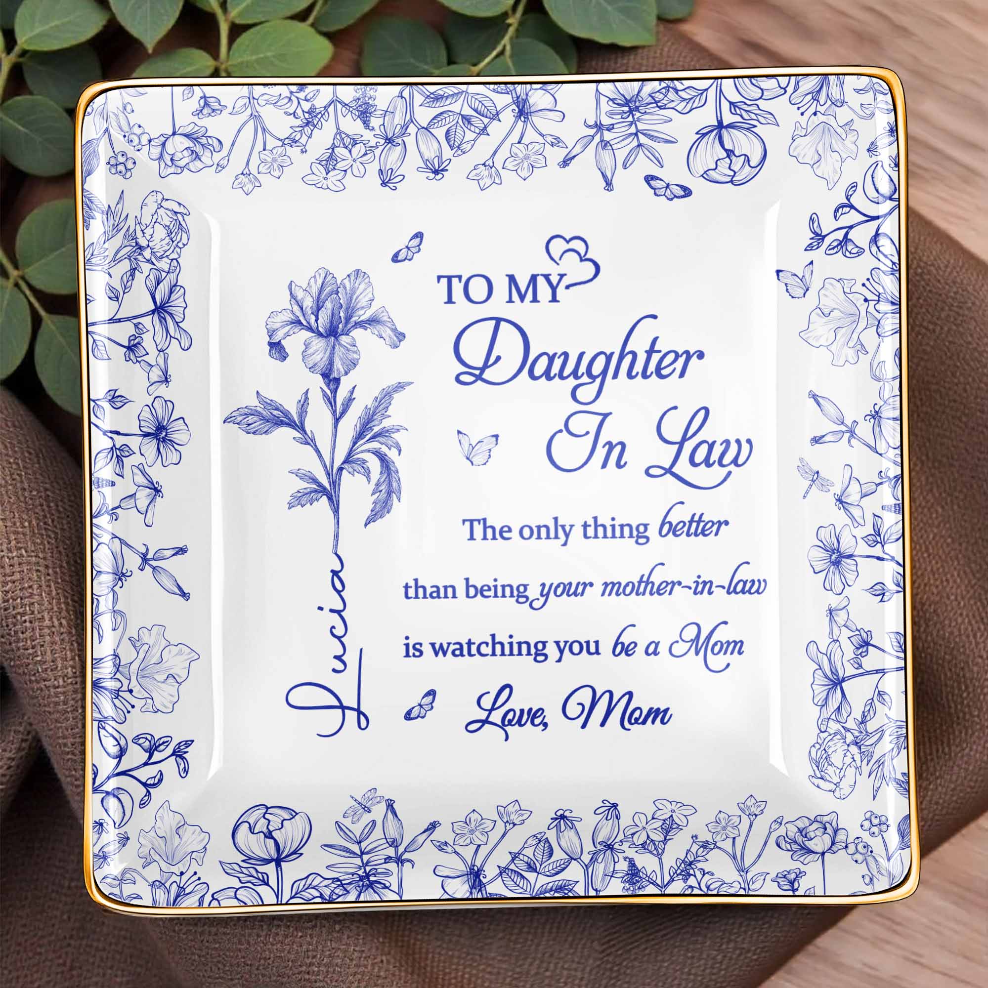 To My Daughter-In-Law, Love From Mom, Beautiful Flowers Design - Personalized Custom Jewelry Dish, Ceramic Dish, Square Shape - DILA003_SCRF