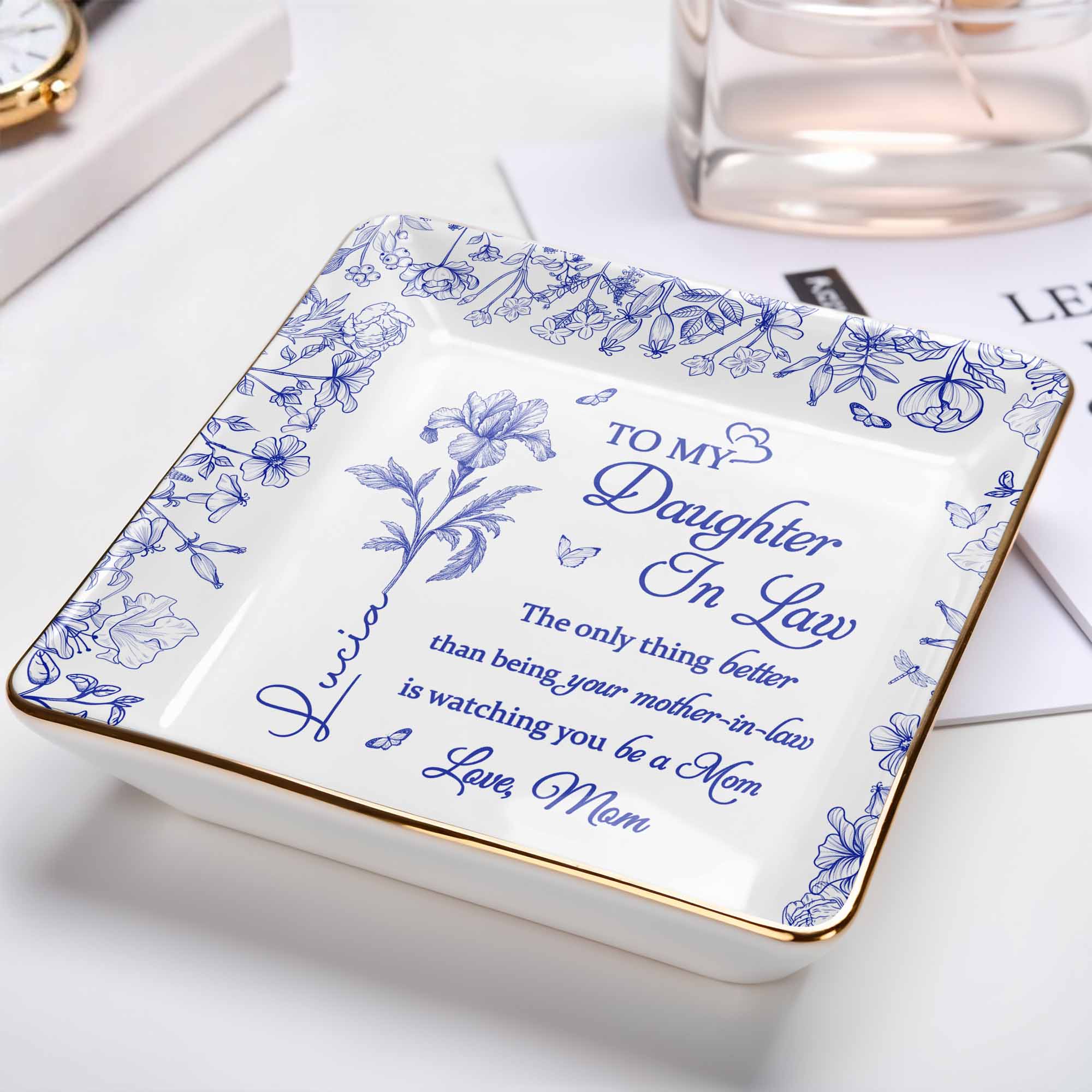 To My Daughter-In-Law, Love From Mom, Beautiful Flowers Design - Personalized Custom Jewelry Dish, Ceramic Dish, Square Shape - DILA003_SCRF