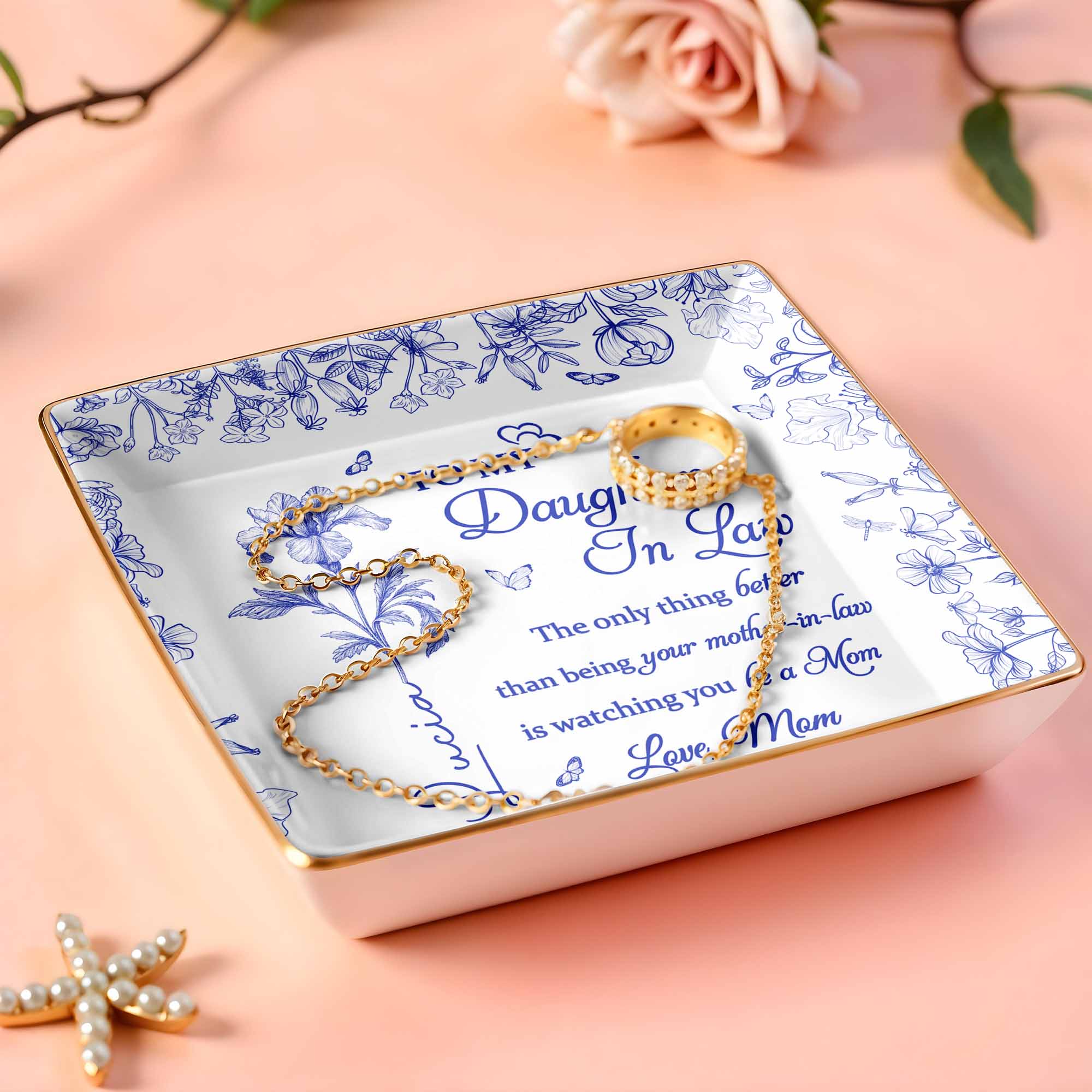 To My Daughter-In-Law, Love From Mom, Beautiful Flowers Design - Personalized Custom Jewelry Dish, Ceramic Dish, Square Shape - DILA003_SCRF