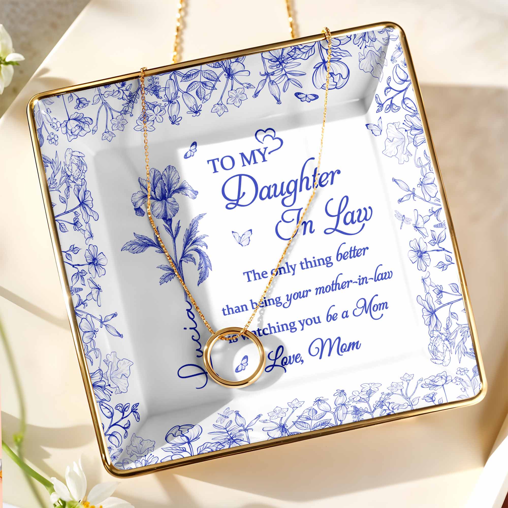 To My Daughter-In-Law, Love From Mom, Beautiful Flowers Design - Personalized Custom Jewelry Dish, Ceramic Dish, Square Shape - DILA003_SCRF
