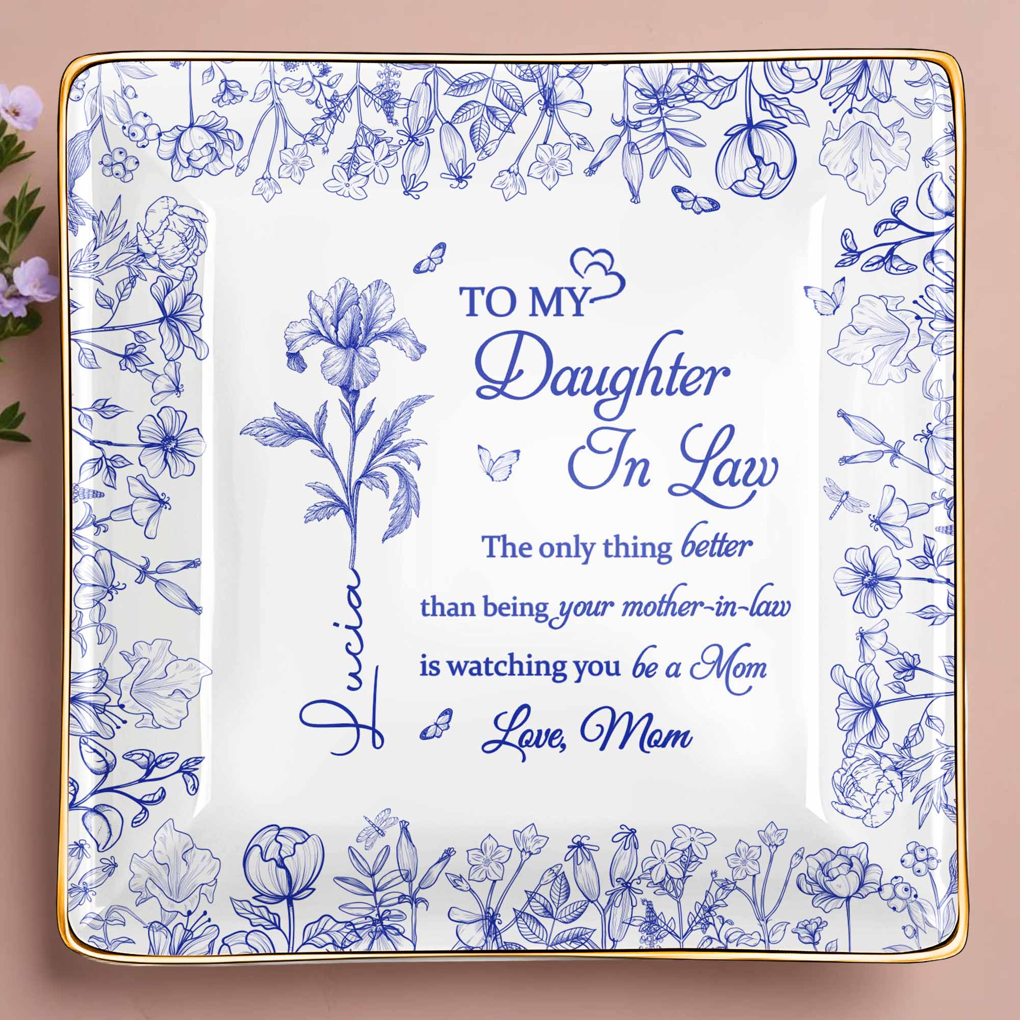 To My Daughter-In-Law, Love From Mom, Beautiful Flowers Design - Personalized Custom Jewelry Dish, Ceramic Dish, Square Shape - DILA003_SCRF