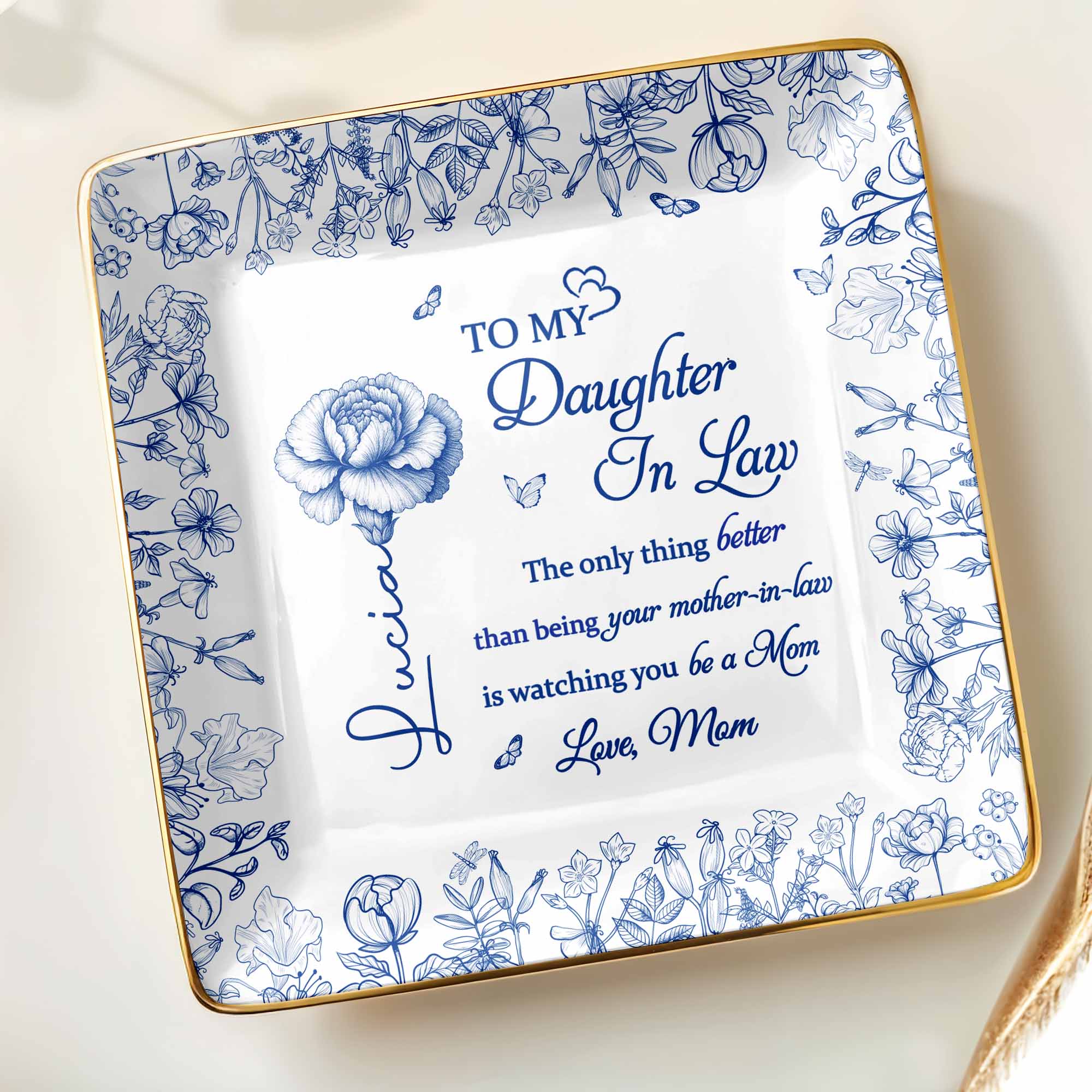 To My Daughter In Law, Flowers Ceramic Dish - Personalized Custom Jewelry Dish, Ceramic Dish, Square Shape - DILA004_SCRF