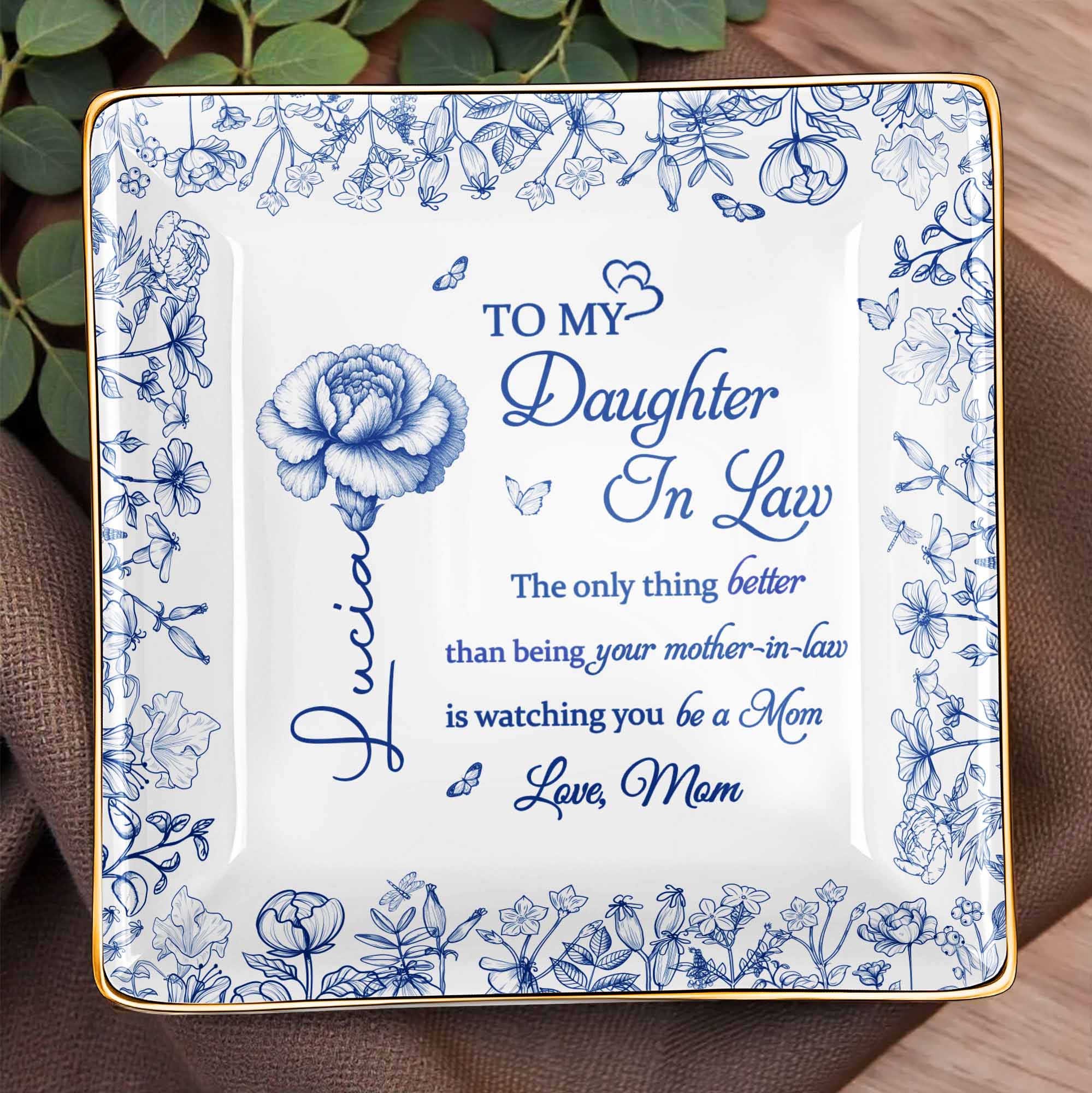 To My Daughter In Law, Flowers Ceramic Dish - Personalized Custom Jewelry Dish, Ceramic Dish, Square Shape - DILA004_SCRF
