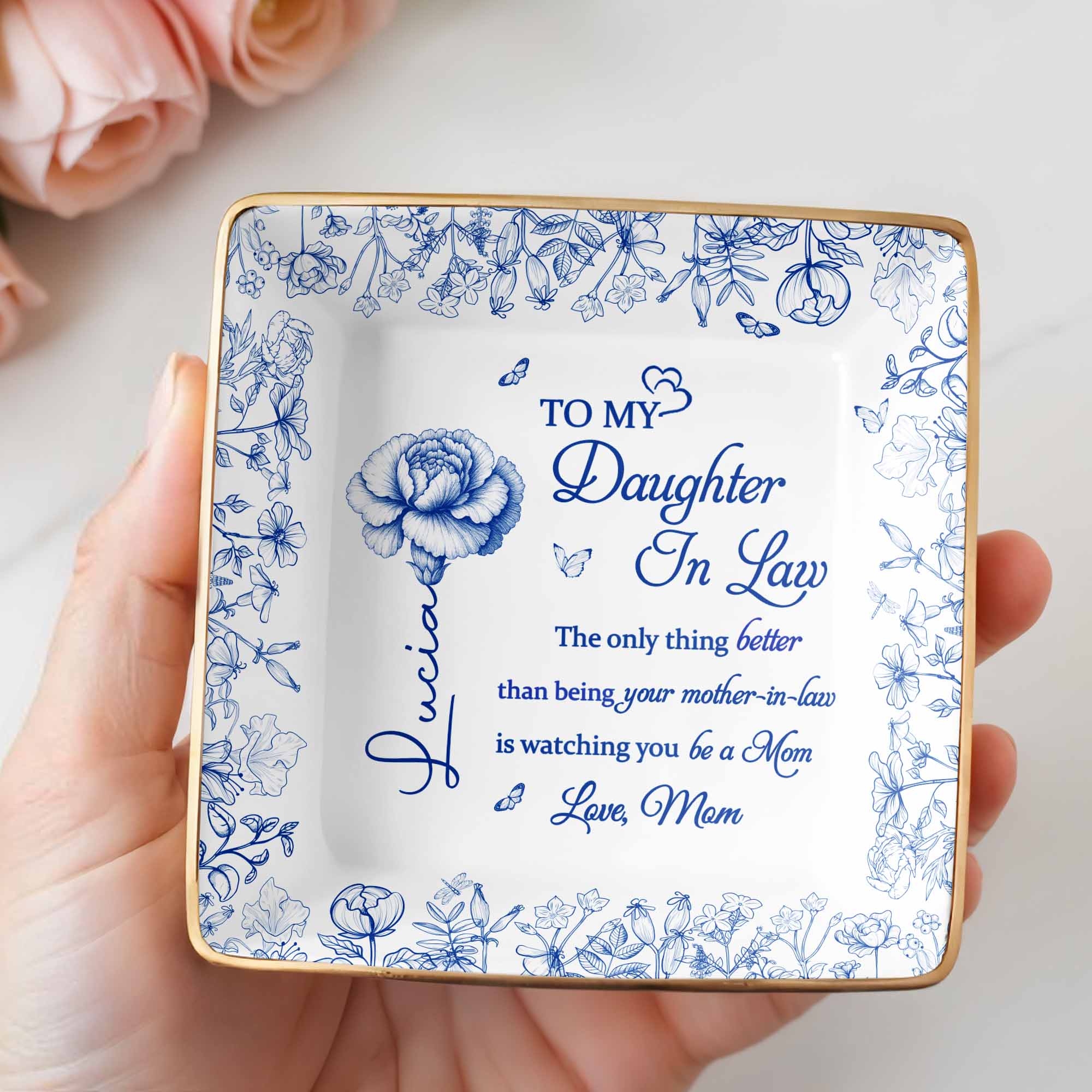 To My Daughter In Law, Flowers Ceramic Dish - Personalized Custom Jewelry Dish, Ceramic Dish, Square Shape - DILA004_SCRF