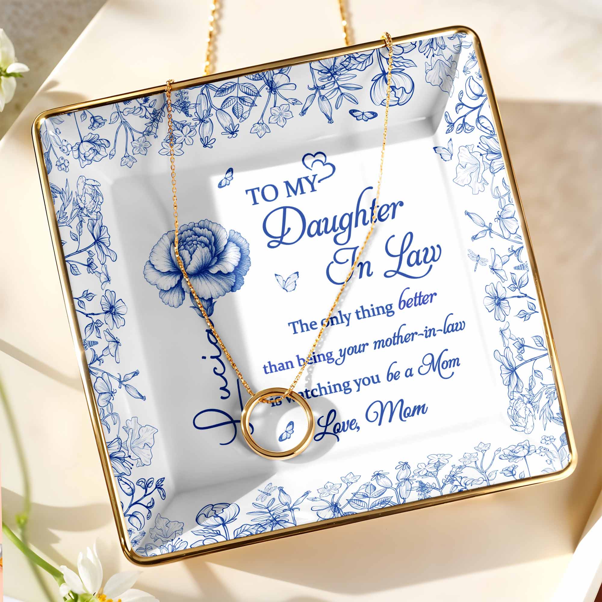 To My Daughter In Law, Flowers Ceramic Dish - Personalized Custom Jewelry Dish, Ceramic Dish, Square Shape - DILA004_SCRF