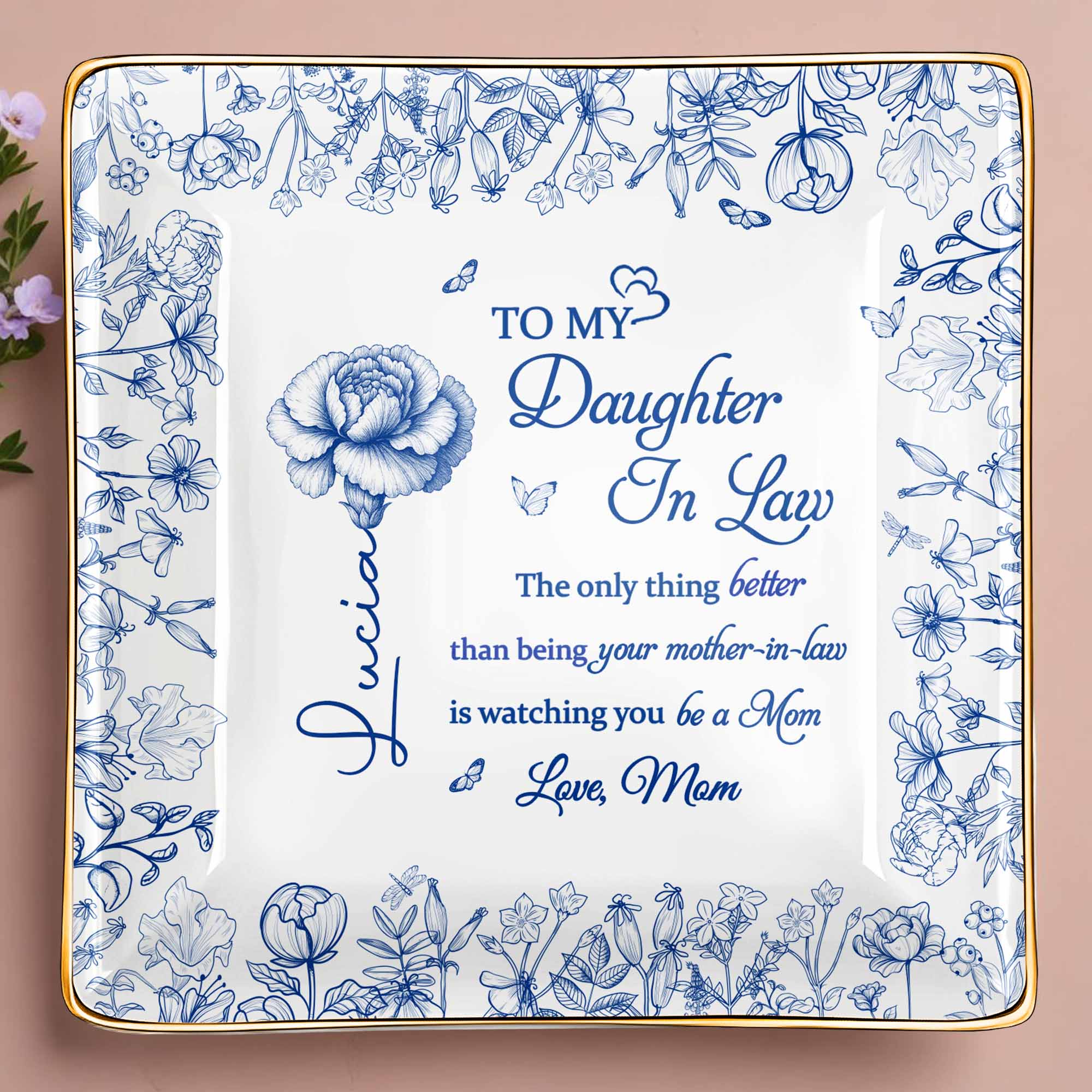 To My Daughter In Law, Flowers Ceramic Dish - Personalized Custom Jewelry Dish, Ceramic Dish, Square Shape - DILA004_SCRF