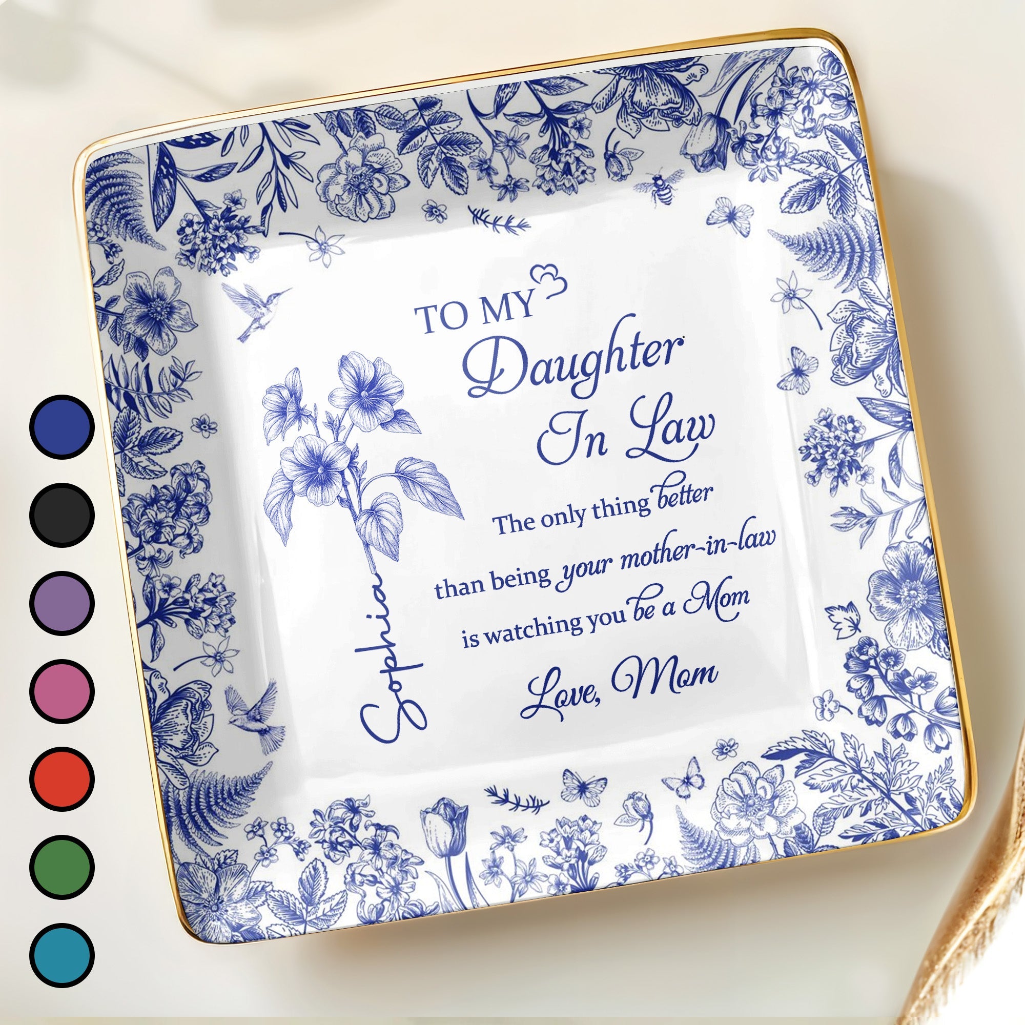 To My Daughter In Law, Flowers And Butterfly Theme - Personalized Custom Jewelry Dish, Ceramic Dish, Square Shape - DILA005_SCRF