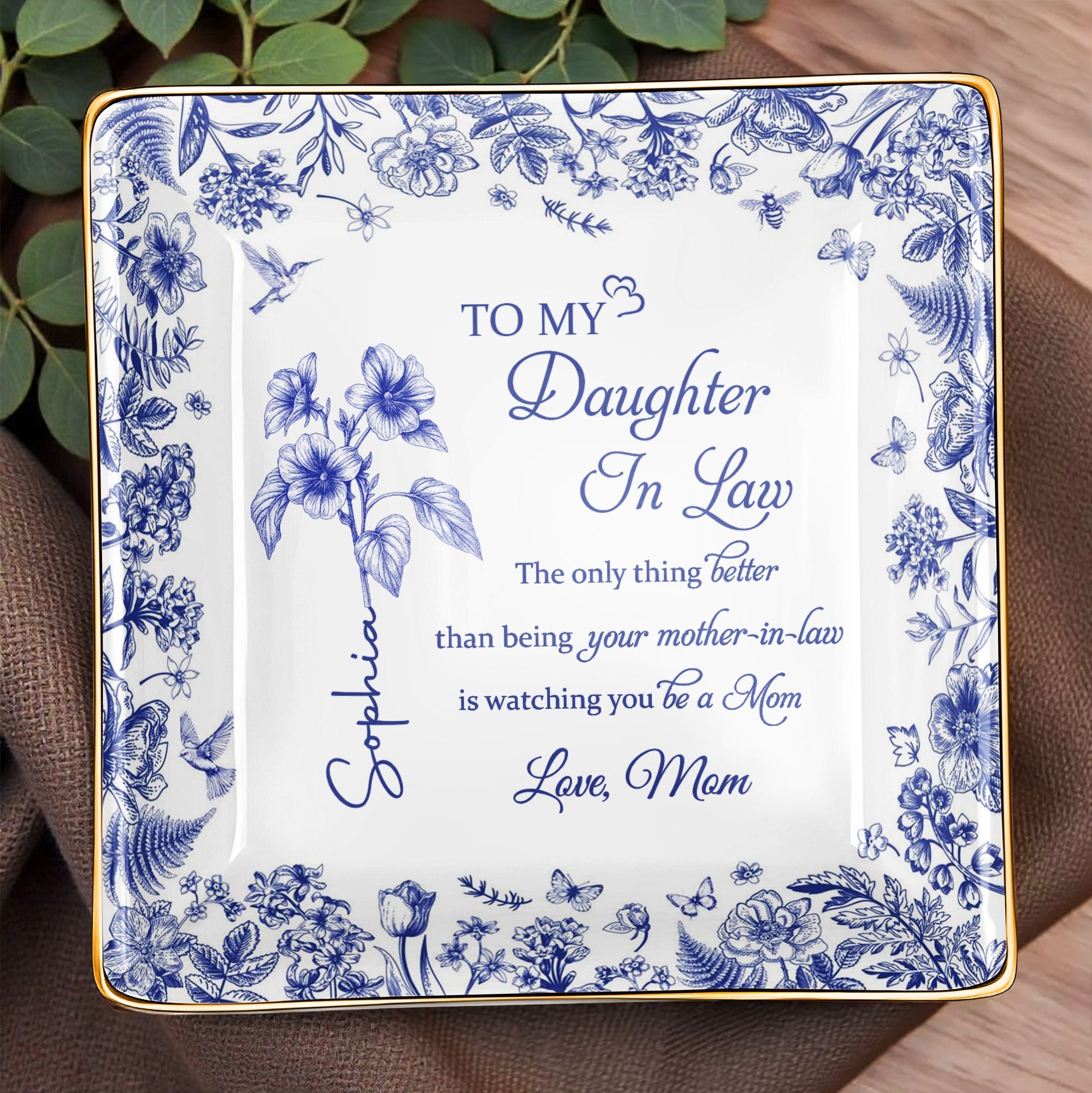 To My Daughter In Law, Flowers And Butterfly Theme - Personalized Custom Jewelry Dish, Ceramic Dish, Square Shape - DILA005_SCRF