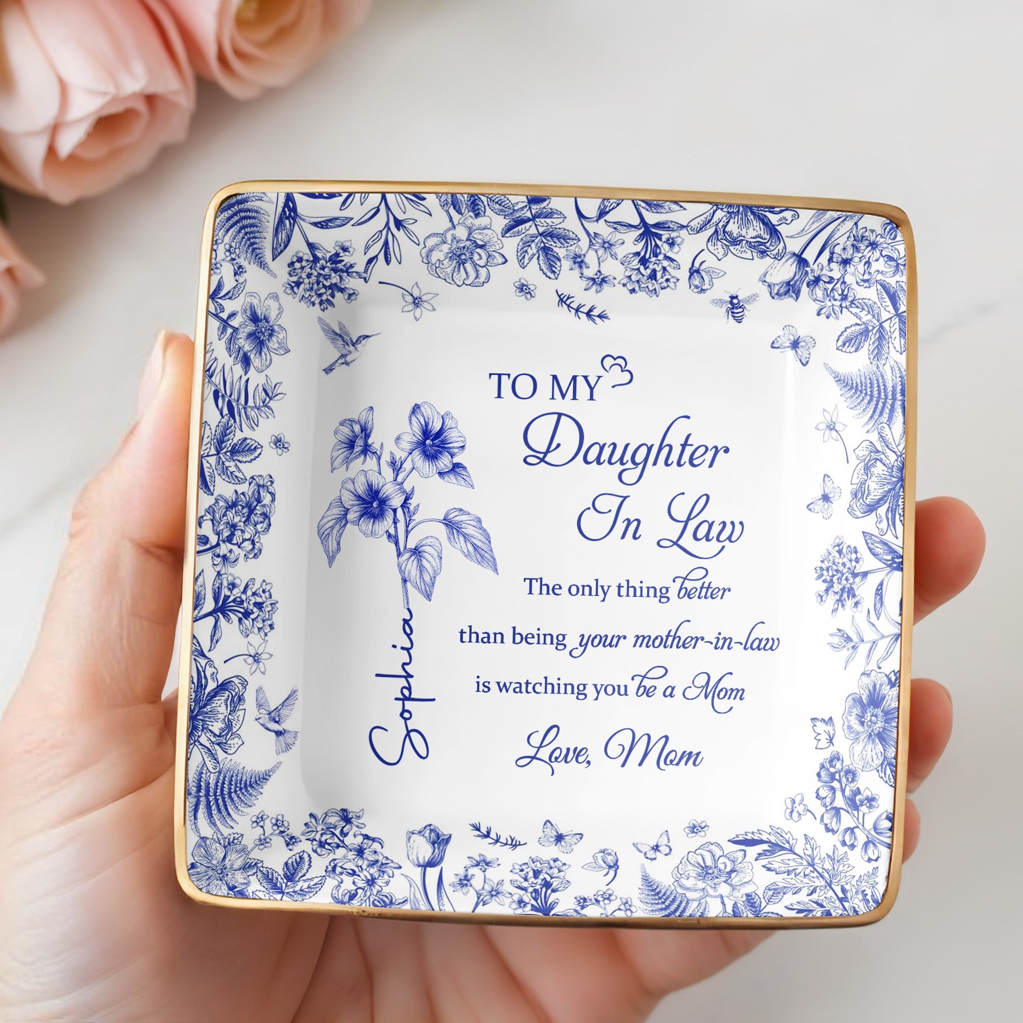 To My Daughter In Law, Flowers And Butterfly Theme - Personalized Custom Jewelry Dish, Ceramic Dish, Square Shape - DILA005_SCRF