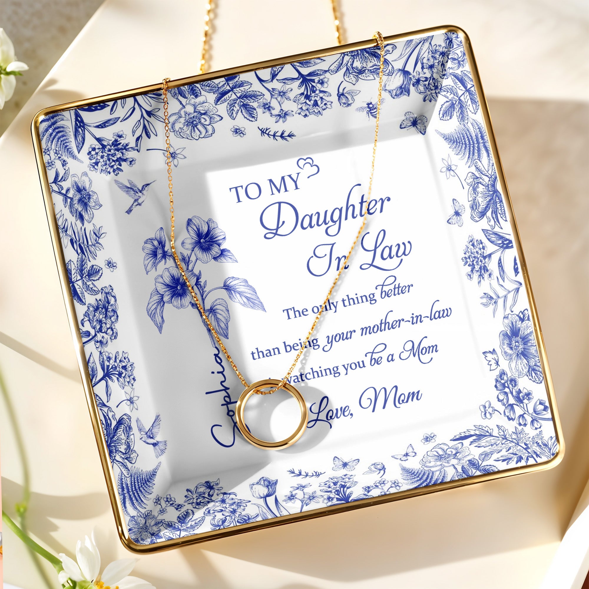 To My Daughter In Law, Flowers And Butterfly Theme - Personalized Custom Jewelry Dish, Ceramic Dish, Square Shape - DILA005_SCRF