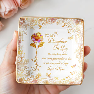 To My Daughter In Law, Flowers and Butterfly Design - Personalized Custom Jewelry Dish, Ceramic Dish, Square Shape - DILA009_SCRF