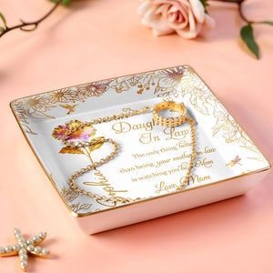 To My Daughter In Law, Flowers and Butterfly Design - Personalized Custom Jewelry Dish, Ceramic Dish, Square Shape - DILA009_SCRF