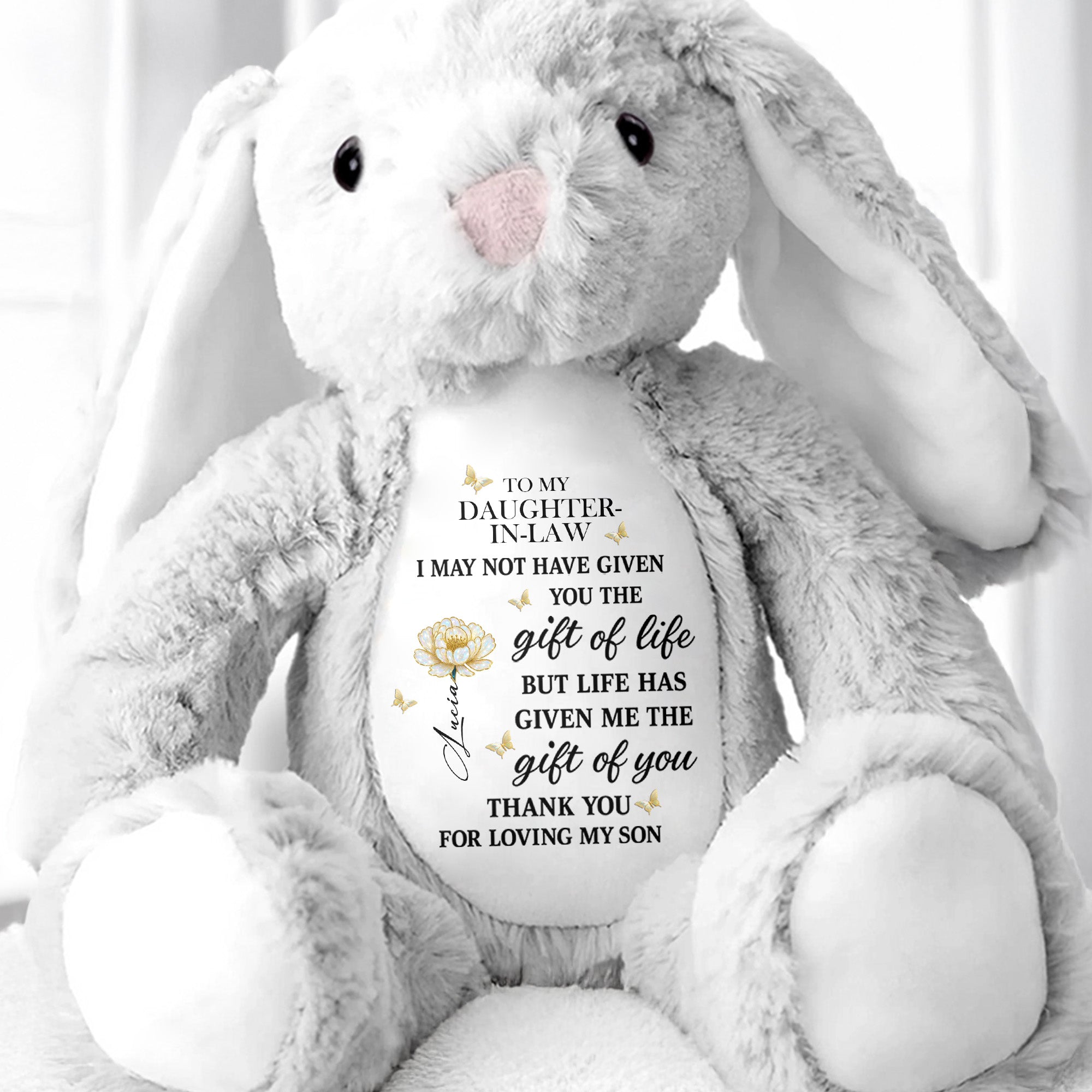 To My Daughter-In-Law, The Gift Of You, Flower - Personalized Stuffed Bunny - DILA012_BUN