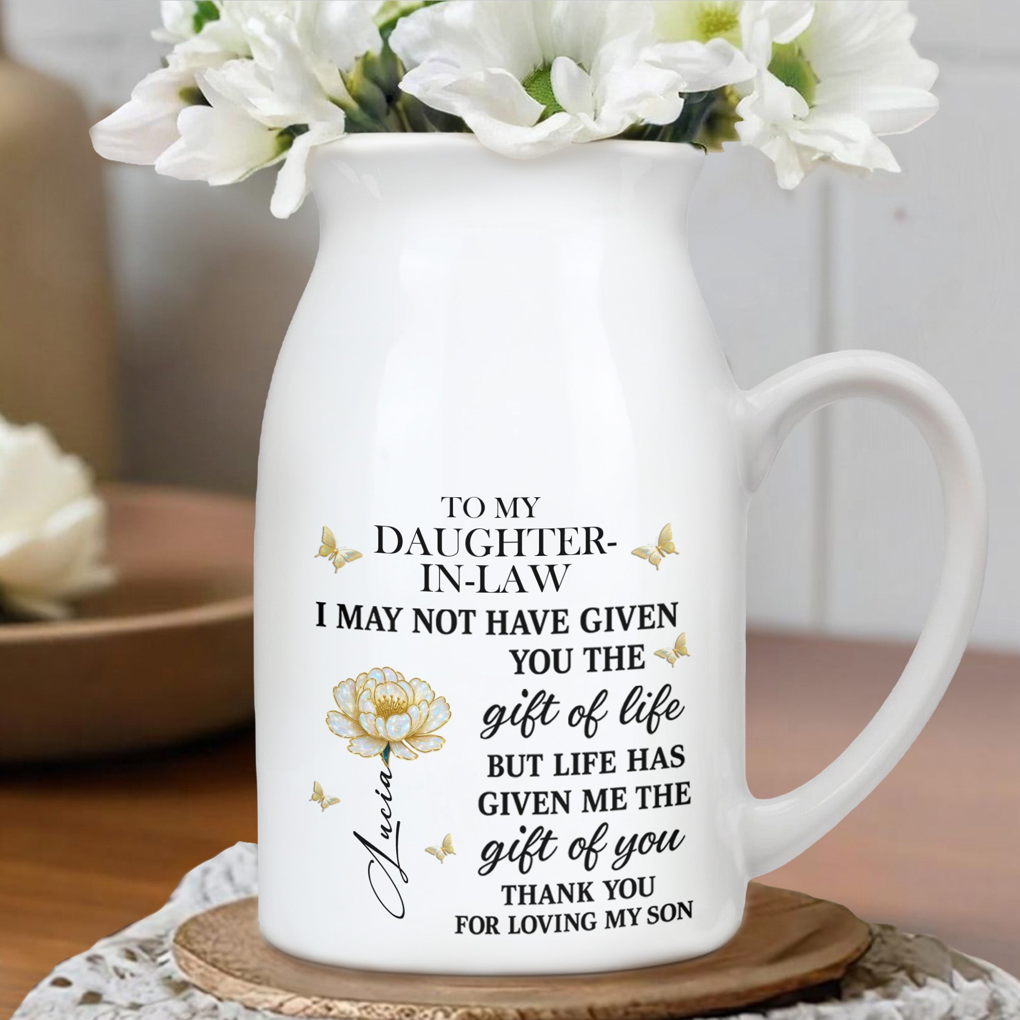 To My Daughter-In-Law, Thank You For Loving My Son - Personalized Ceramic Flower Vase