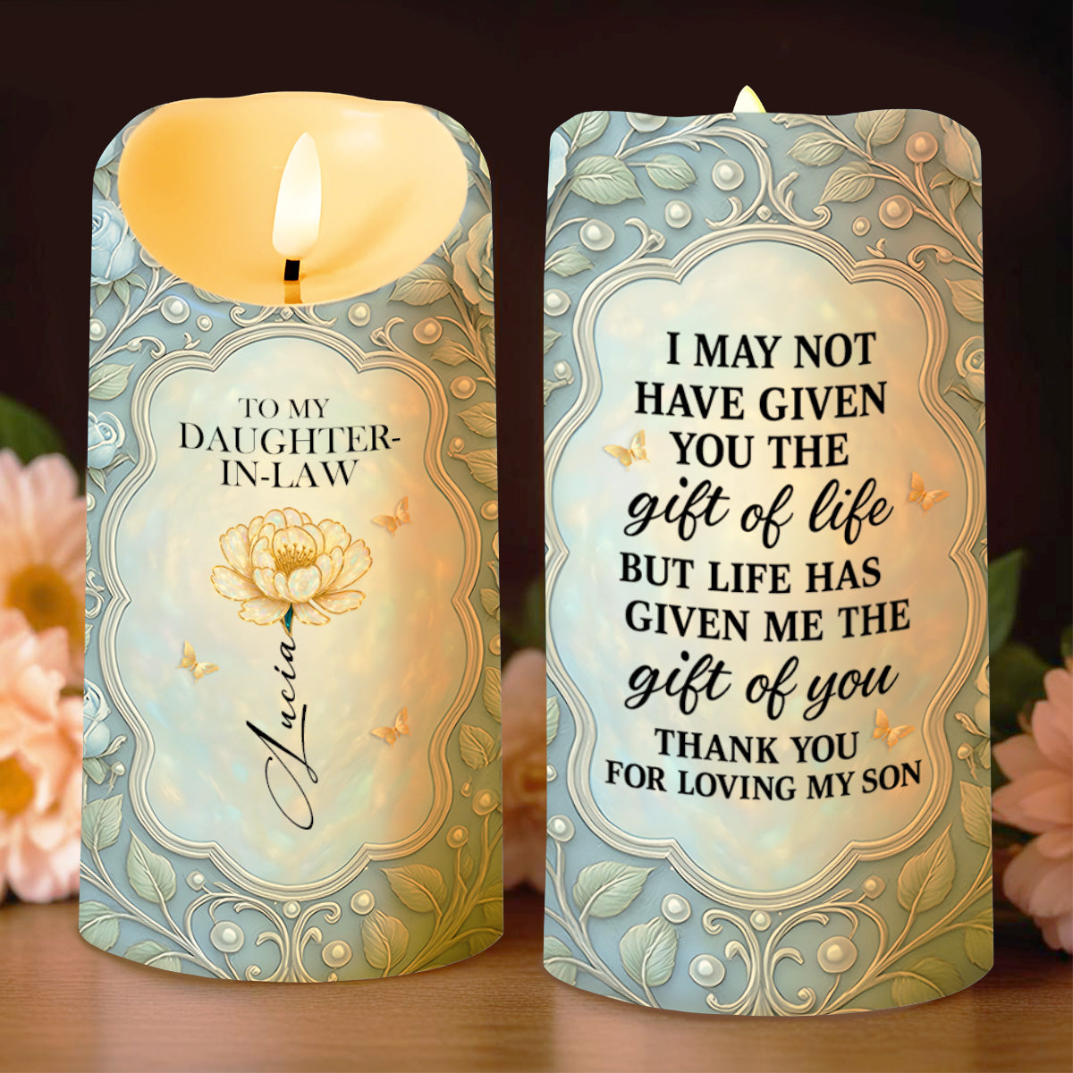 To My Daughter-In-Law, Thank You For Loving My Son, Flower Design - Personalized Custom LED Candle - DILA012_LECA