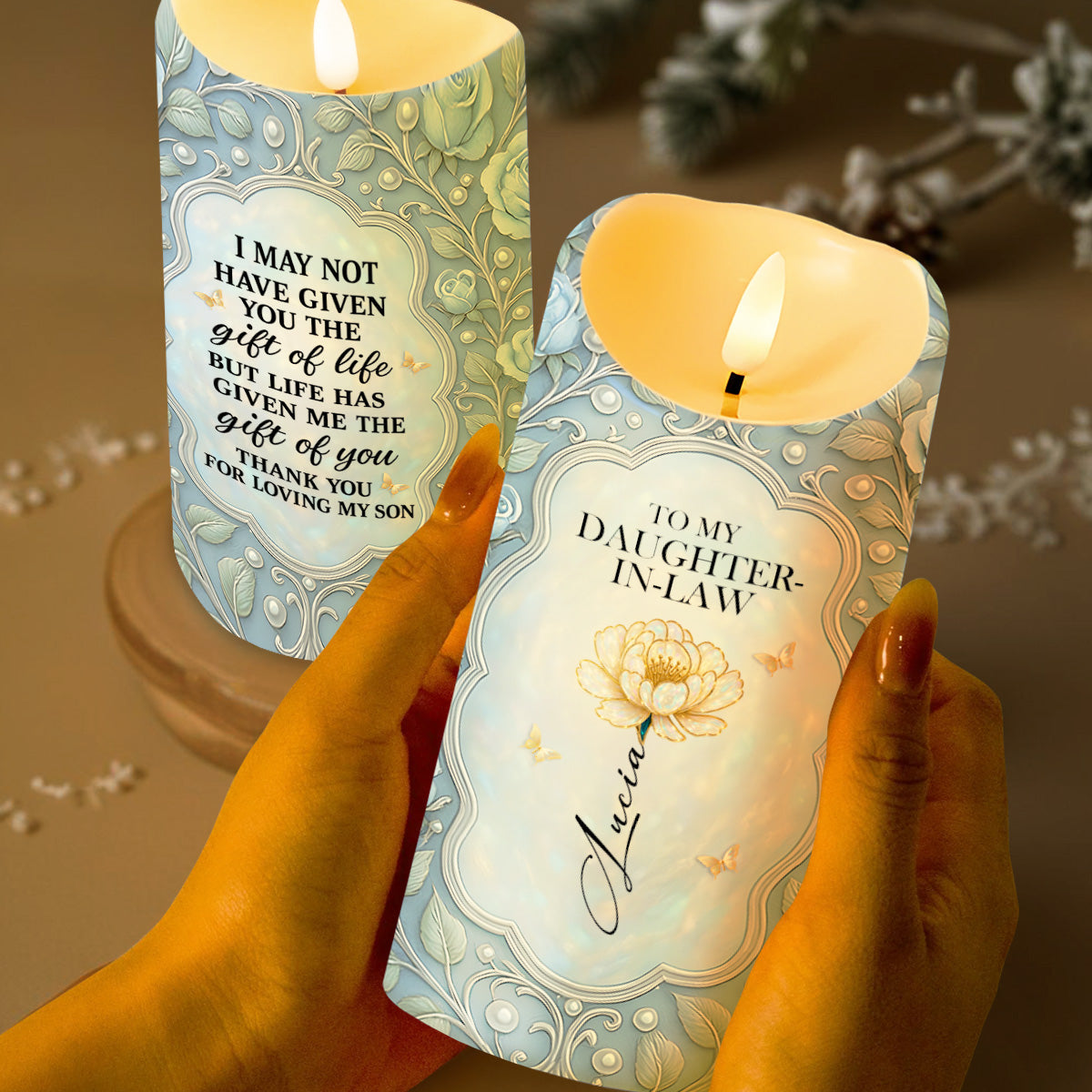 To My Daughter-In-Law, Thank You For Loving My Son, Flower Design - Personalized Custom LED Candle - DILA012_LECA