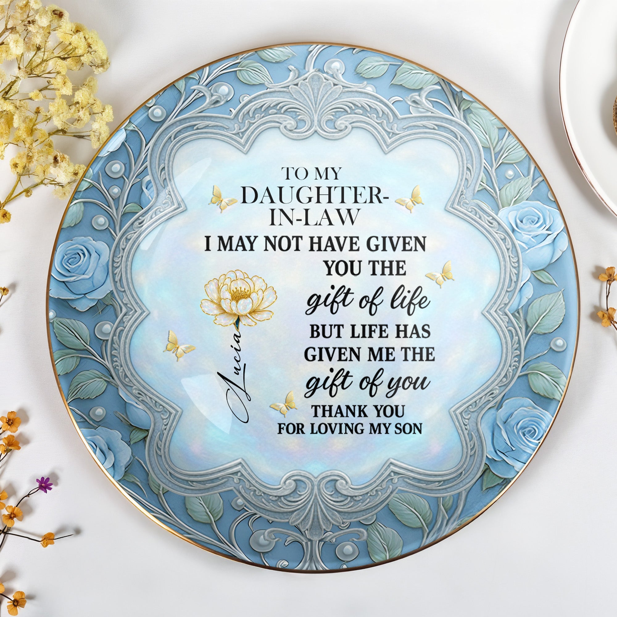To My Daughter-In-Law, Thank You For Loving My Son Roses and Butterfly Design - Personalized Custom Jewelry Dish, Ceramic Dish, Round Shape - DILA012_RCRF