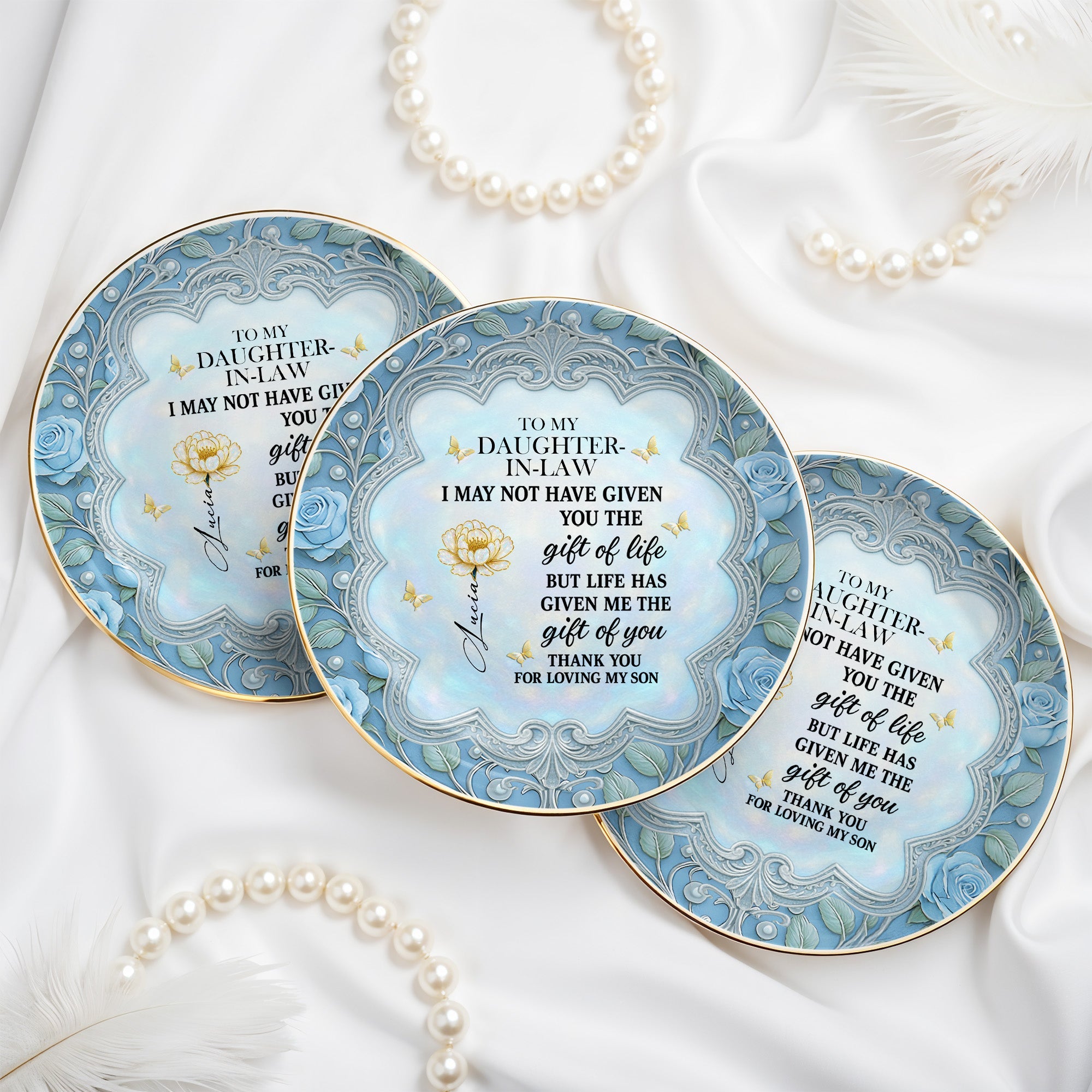 To My Daughter-In-Law, Thank You For Loving My Son Roses and Butterfly Design - Personalized Custom Jewelry Dish, Ceramic Dish, Round Shape - DILA012_RCRF