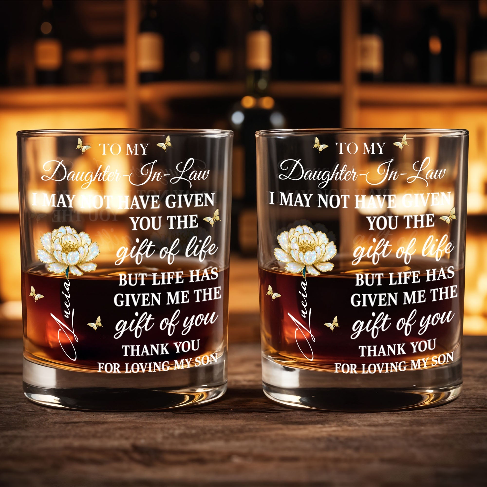 To My Daughter In Law Life Has Given Me The Gift Of You Flower - Personalized Custom Whiskey Glass - DILA012_RWG