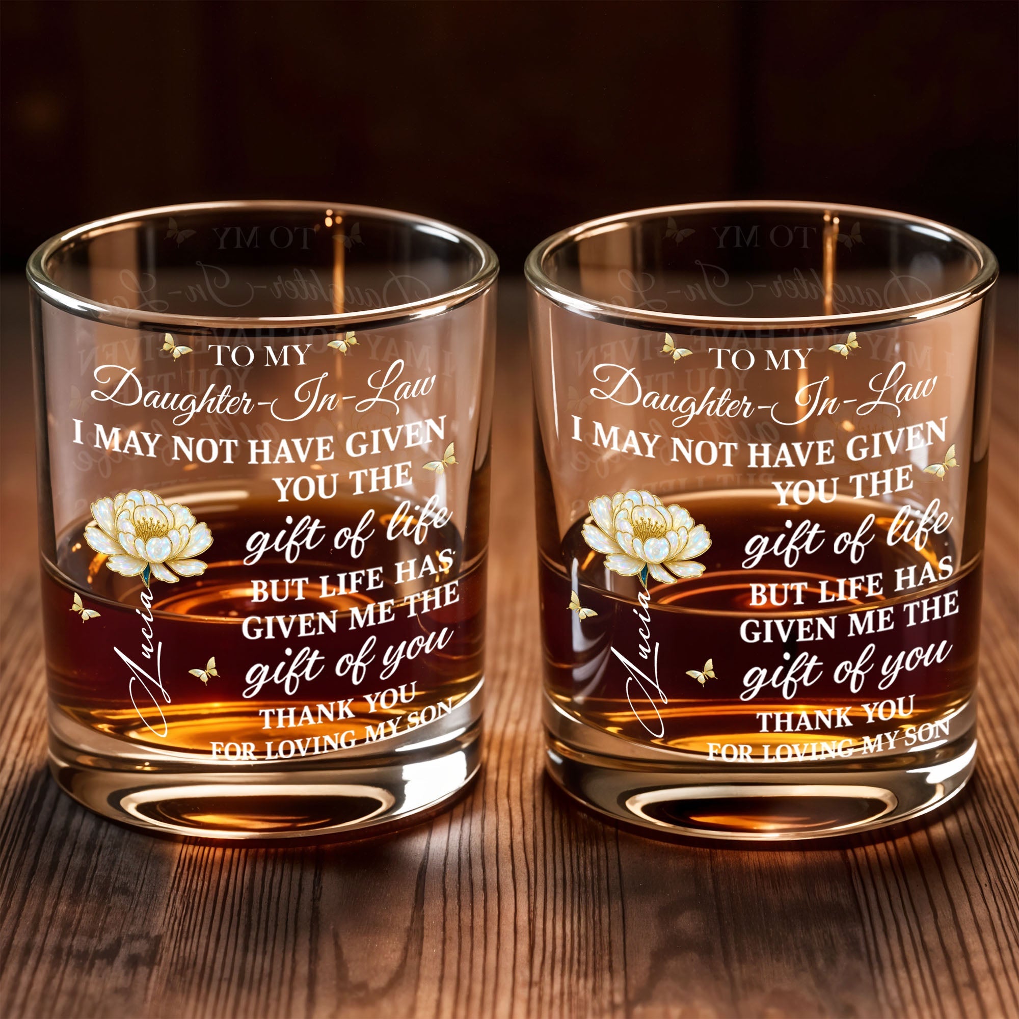 To My Daughter In Law Life Has Given Me The Gift Of You Flower - Personalized Custom Whiskey Glass - DILA012_RWG