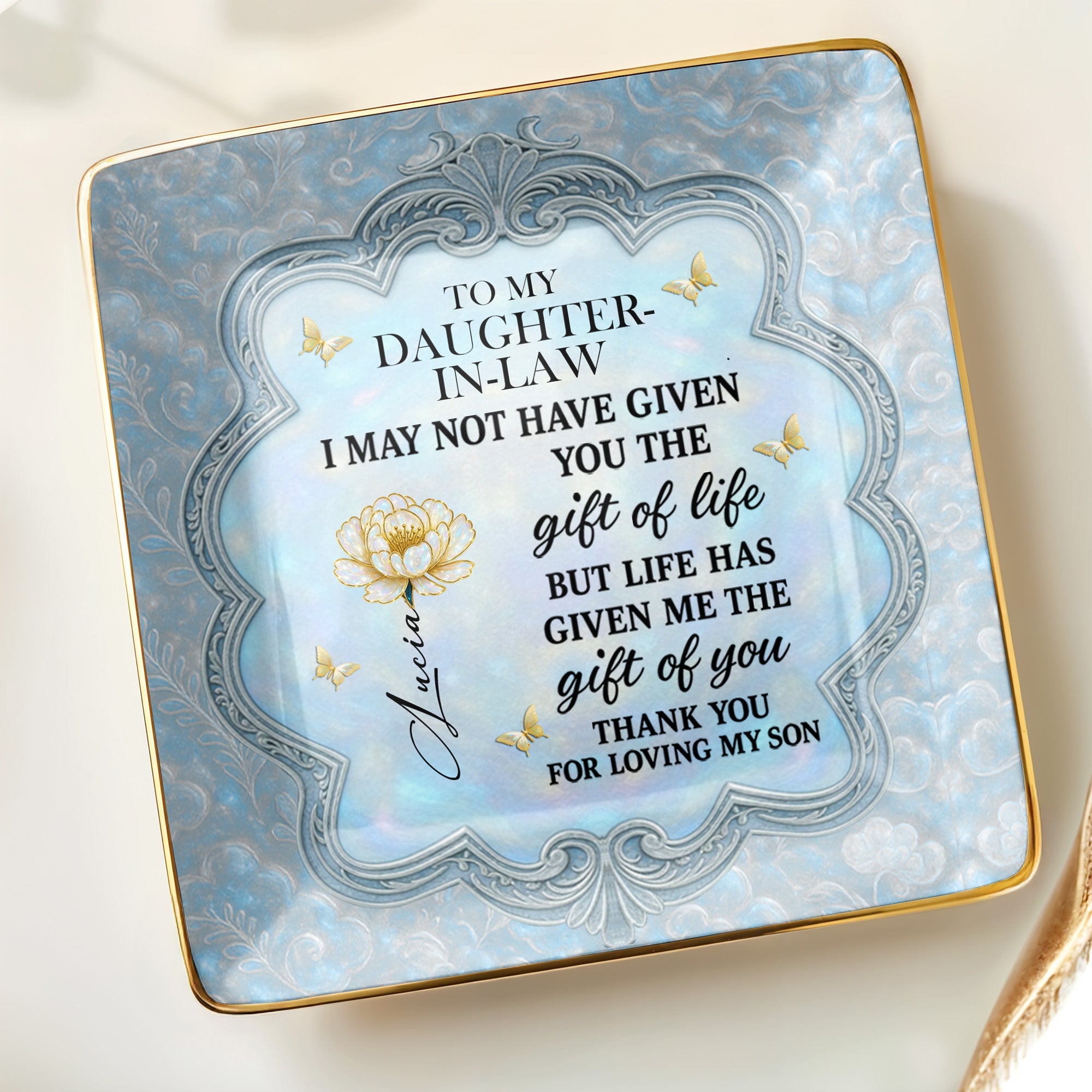 To My Daughter-In-Law, Flowers And Butterflies Beautiful Ceramic Dish - Personalized Custom Jewelry Dish, Ceramic Dish, Square Shape - DILA012_SCRF