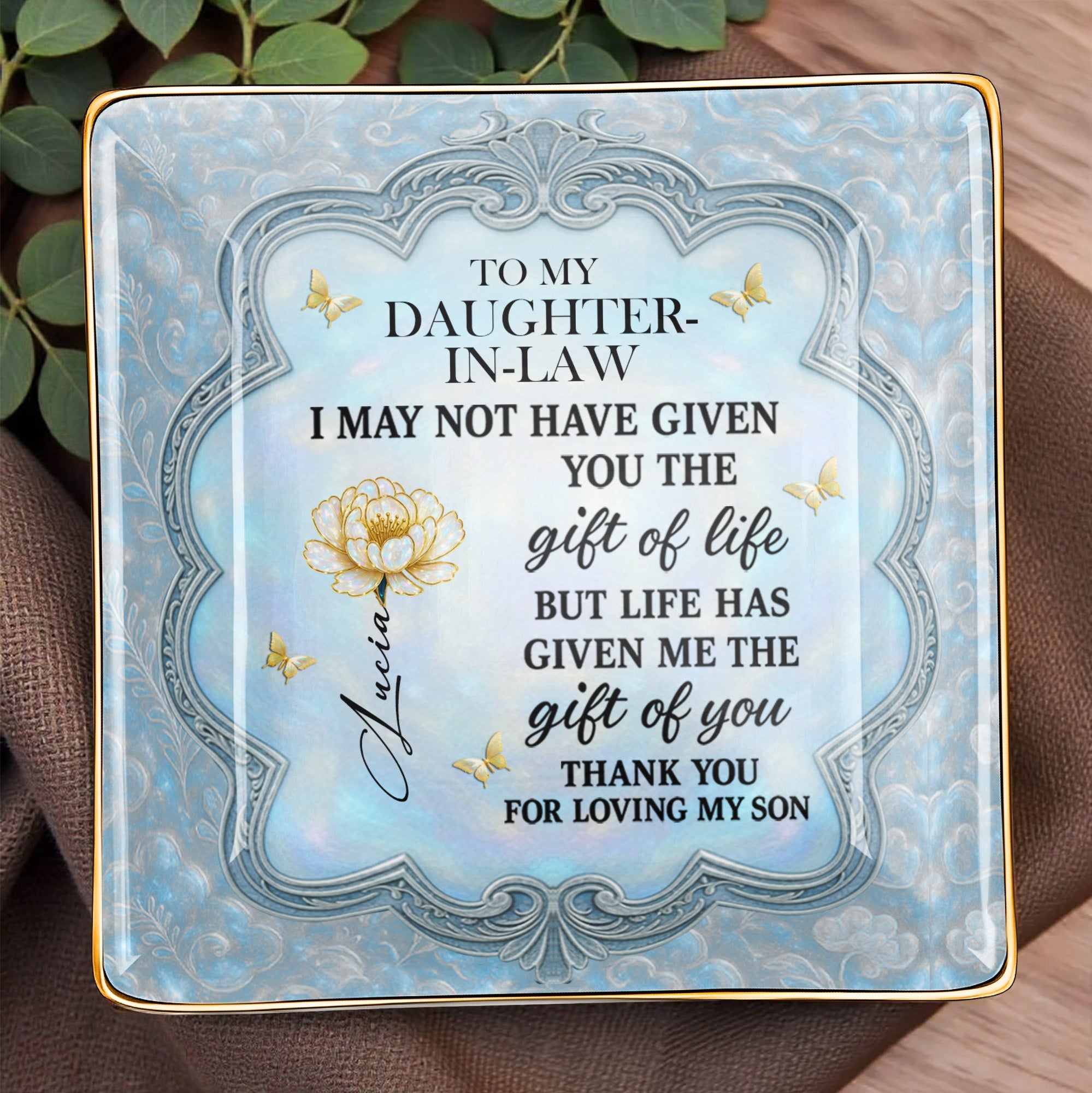 To My Daughter-In-Law, Flowers And Butterflies Beautiful Ceramic Dish - Personalized Custom Jewelry Dish, Ceramic Dish, Square Shape - DILA012_SCRF