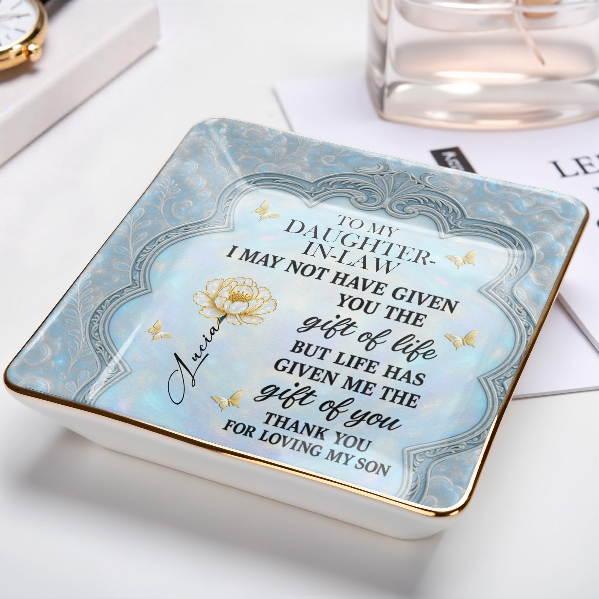 To My Daughter-In-Law, Flowers And Butterflies Beautiful Ceramic Dish - Personalized Custom Jewelry Dish, Ceramic Dish, Square Shape - DILA012_SCRF