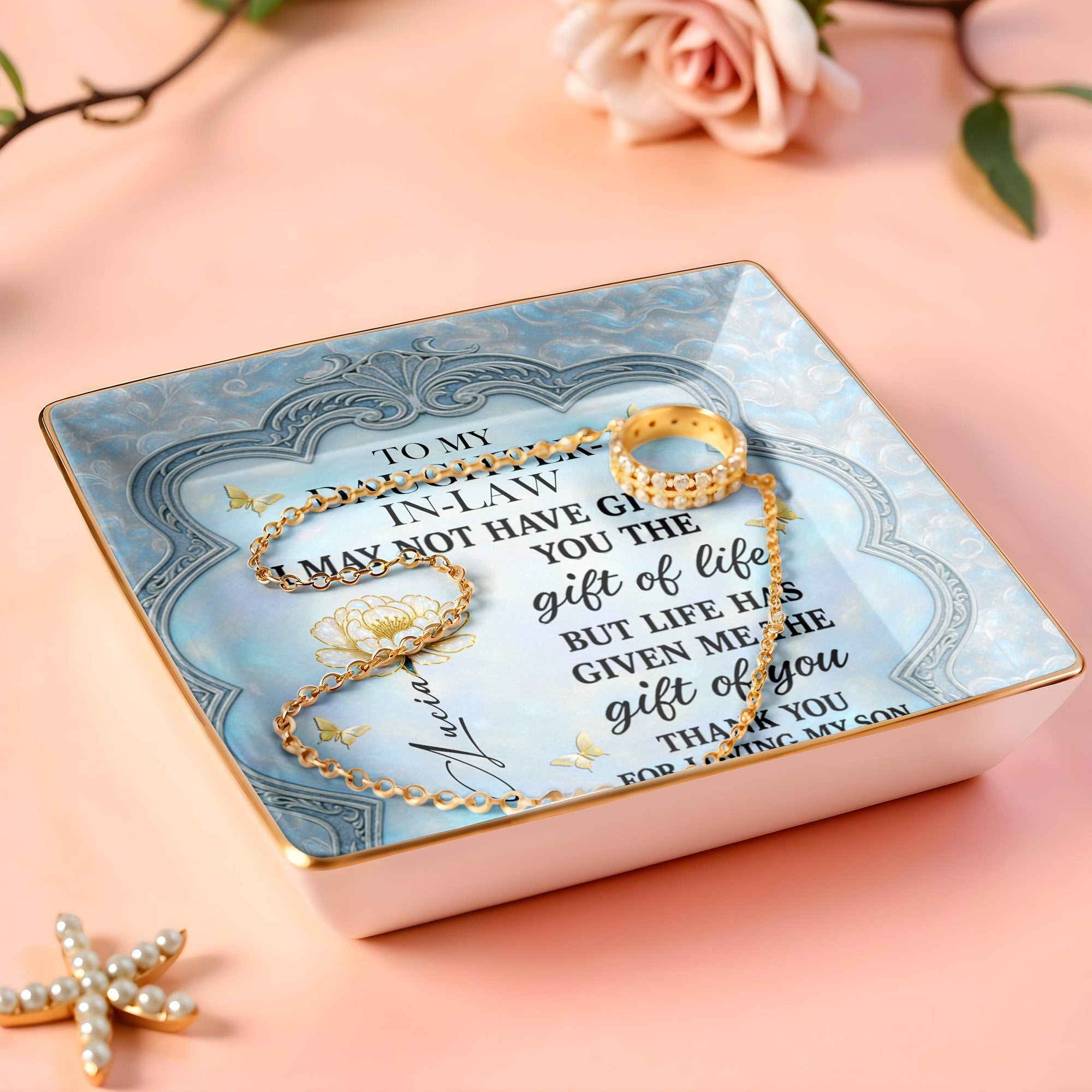 To My Daughter-In-Law, Flowers And Butterflies Beautiful Ceramic Dish - Personalized Custom Jewelry Dish, Ceramic Dish, Square Shape - DILA012_SCRF