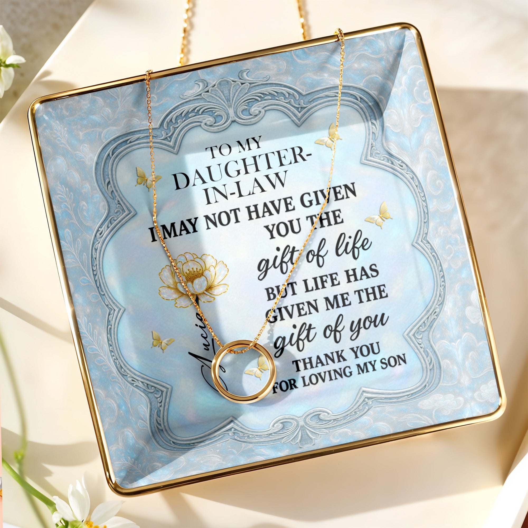 To My Daughter-In-Law, Flowers And Butterflies Beautiful Ceramic Dish - Personalized Custom Jewelry Dish, Ceramic Dish, Square Shape - DILA012_SCRF