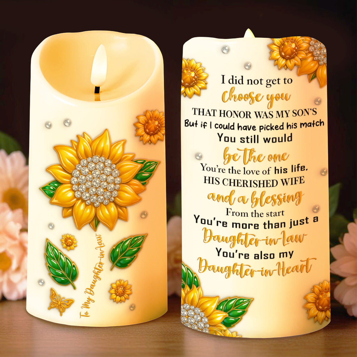 To My Daughter-In-Law, Sunflower And Butterfly Design - Personalized Custom LED Candle - DILA014_LECA