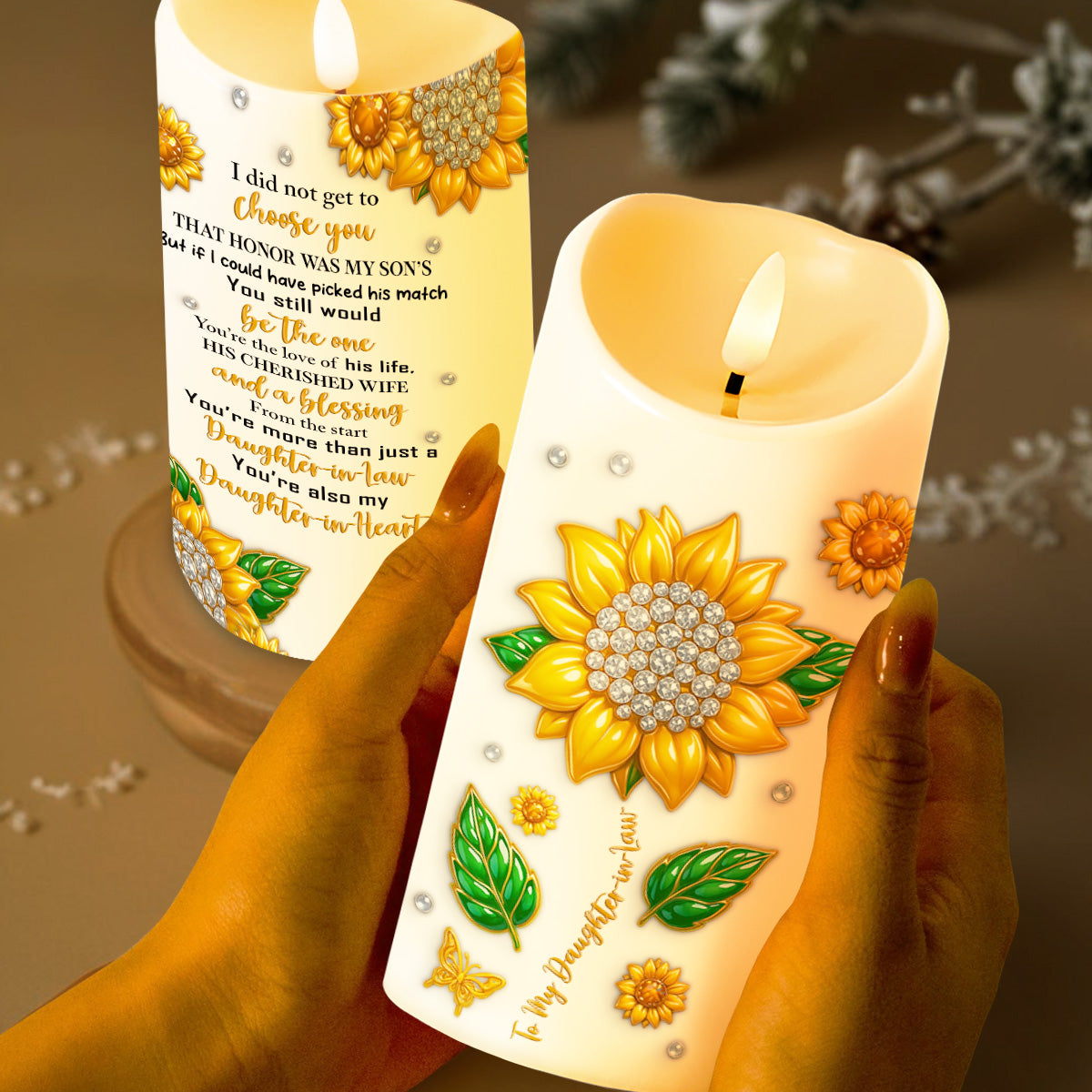 To My Daughter-In-Law, Sunflower And Butterfly Design - Personalized Custom LED Candle - DILA014_LECA