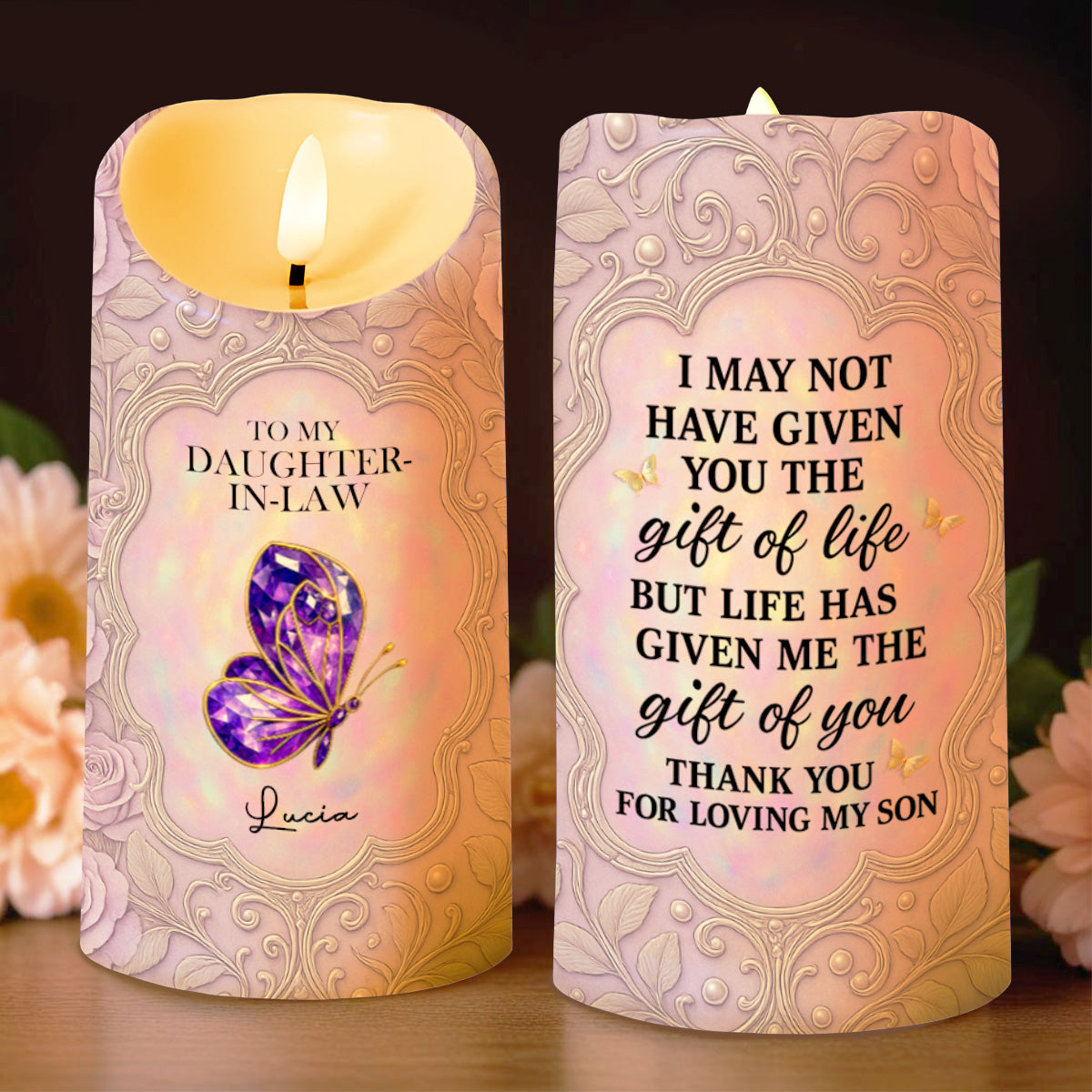 To My Daughter-In-Law, Gift Of Life, Butterfly And Floral Design - Personalized Custom LED Candle - DILA016_LECA