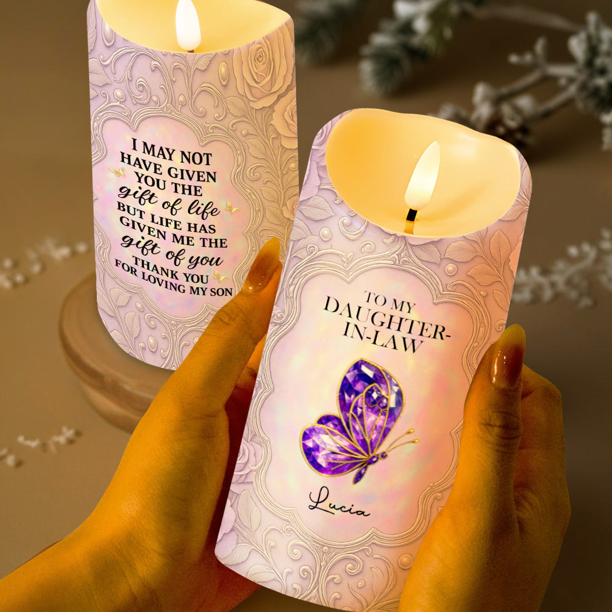 To My Daughter-In-Law, Gift Of Life, Butterfly And Floral Design - Personalized Custom LED Candle - DILA016_LECA