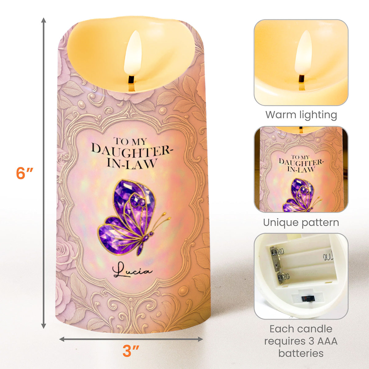 To My Daughter-In-Law, Gift Of Life, Butterfly And Floral Design - Personalized Custom LED Candle - DILA016_LECA