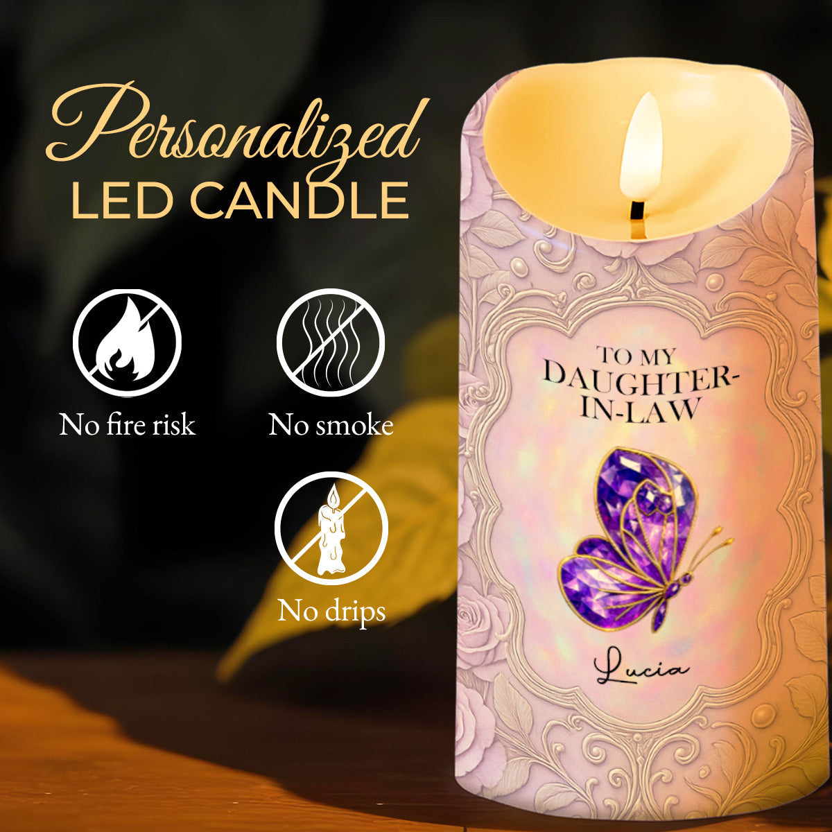 To My Daughter-In-Law, Gift Of Life, Butterfly And Floral Design - Personalized Custom LED Candle - DILA016_LECA