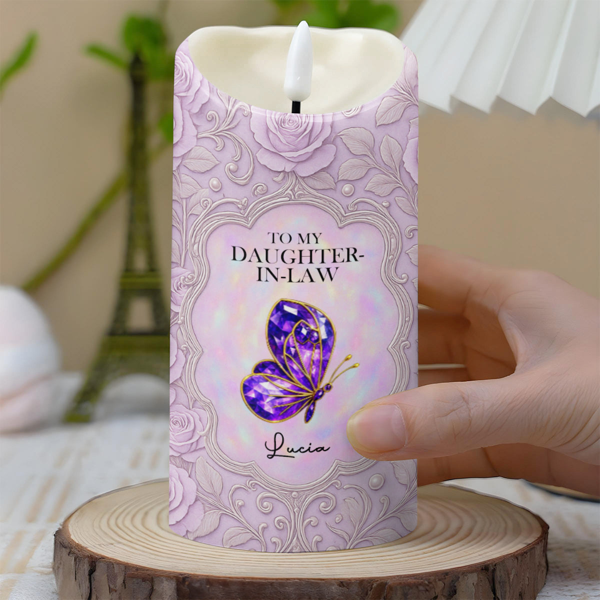 To My Daughter-In-Law, Gift Of Life, Butterfly And Floral Design - Personalized Custom LED Candle - DILA016_LECA