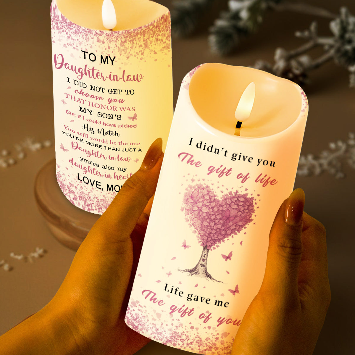 To My Daughter-in-Law, Heart Tree and Butterflies - Personalized Custom LED Candle - DILA017_LECA